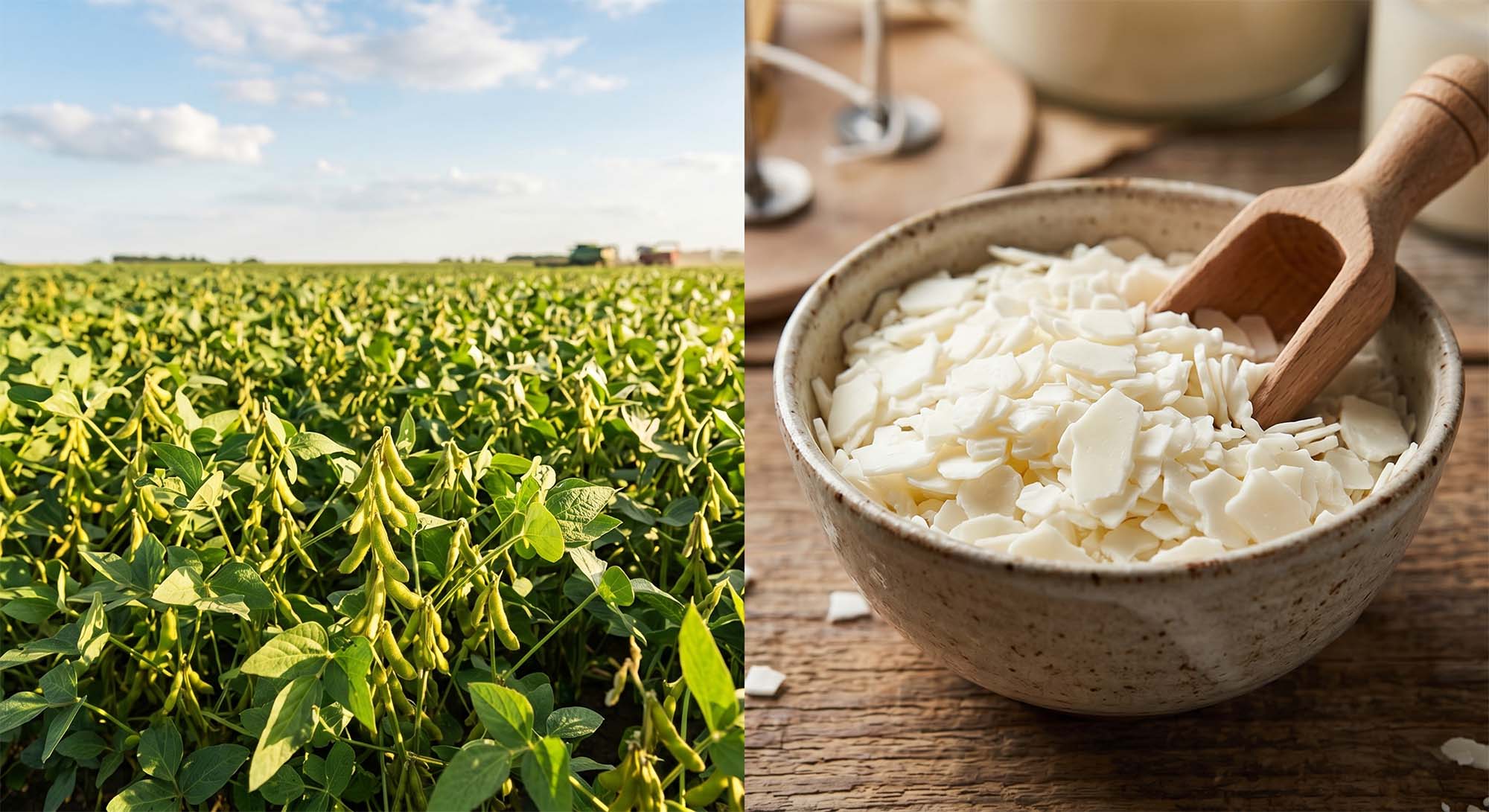 A side-by-side comparison showing a green field of soybean plants and a rustic bowl filled with white soy wax flakes