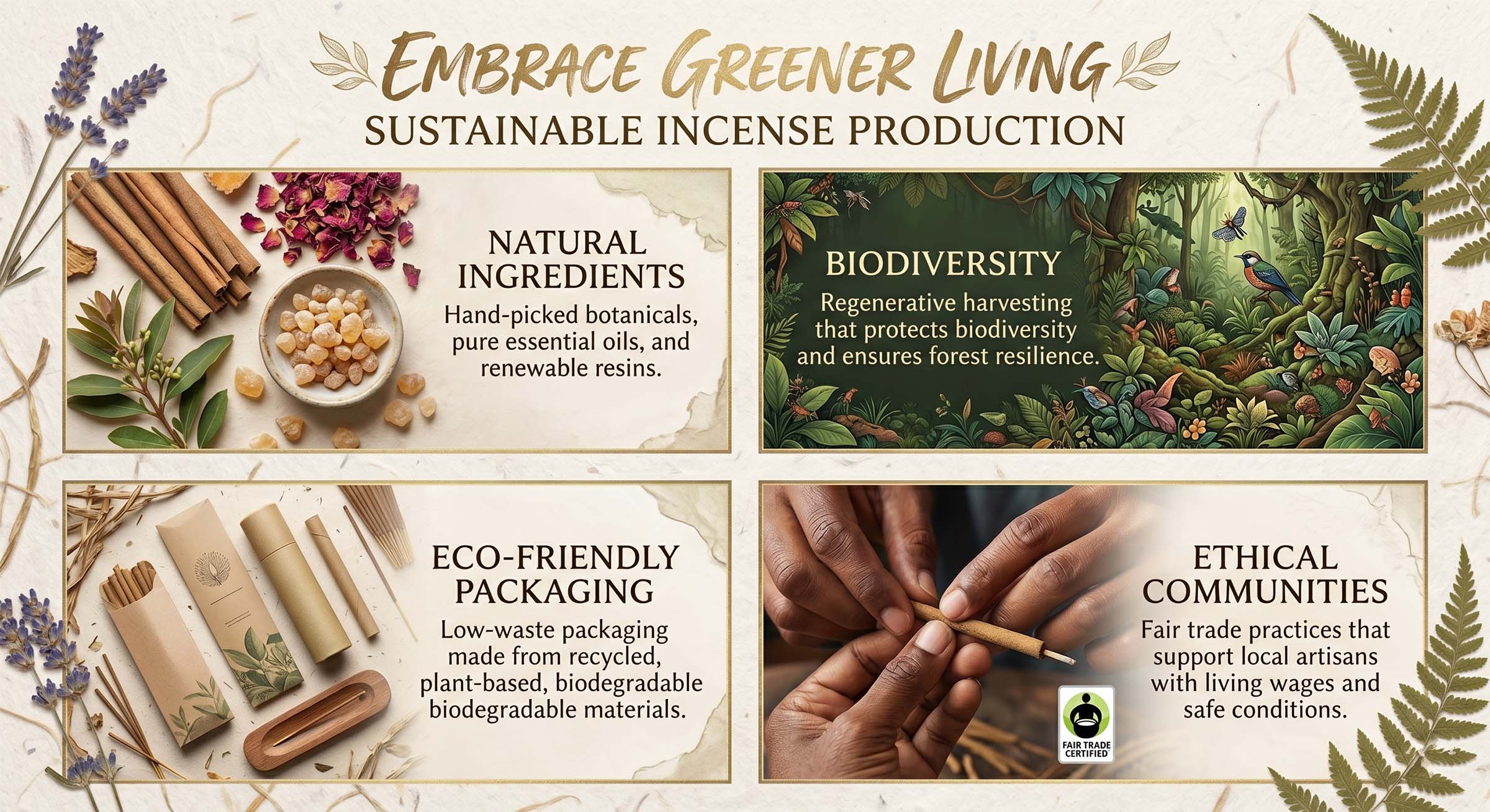 An infographic titled 'Embrace Greener Living: Sustainable Incense Production' highlighting natural ingredients, biodiversity, eco-friendly packaging, and ethical communities.