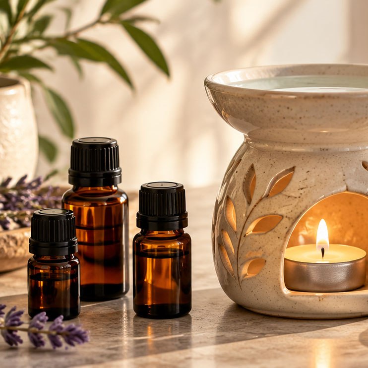 Essential oil burner with essential oil bottles for home aromatherapy