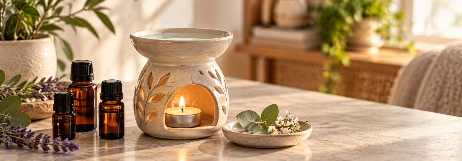Essential oil burner with essential oil bottles for home aromatherapy