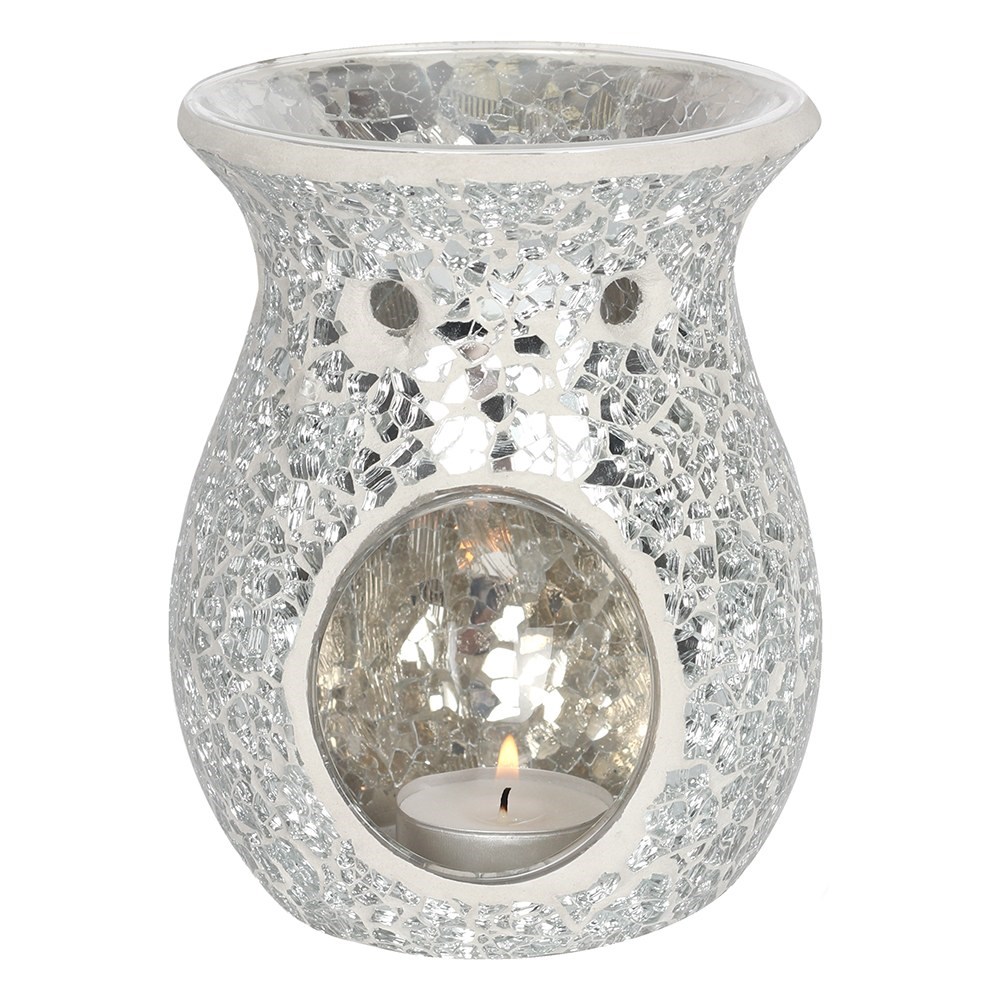 Large Silver Crackle Glass Oil Burner