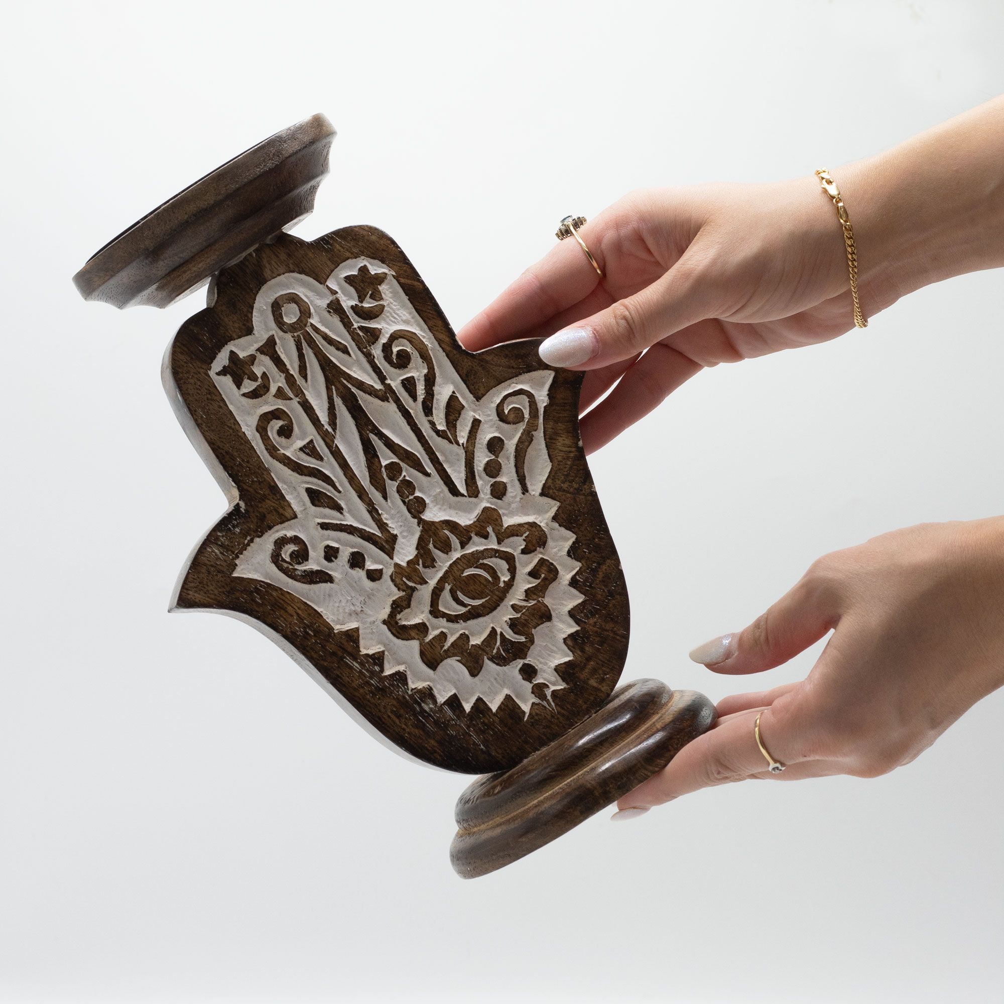 Mango Wood Candle Stand - Hamsa - Large2
