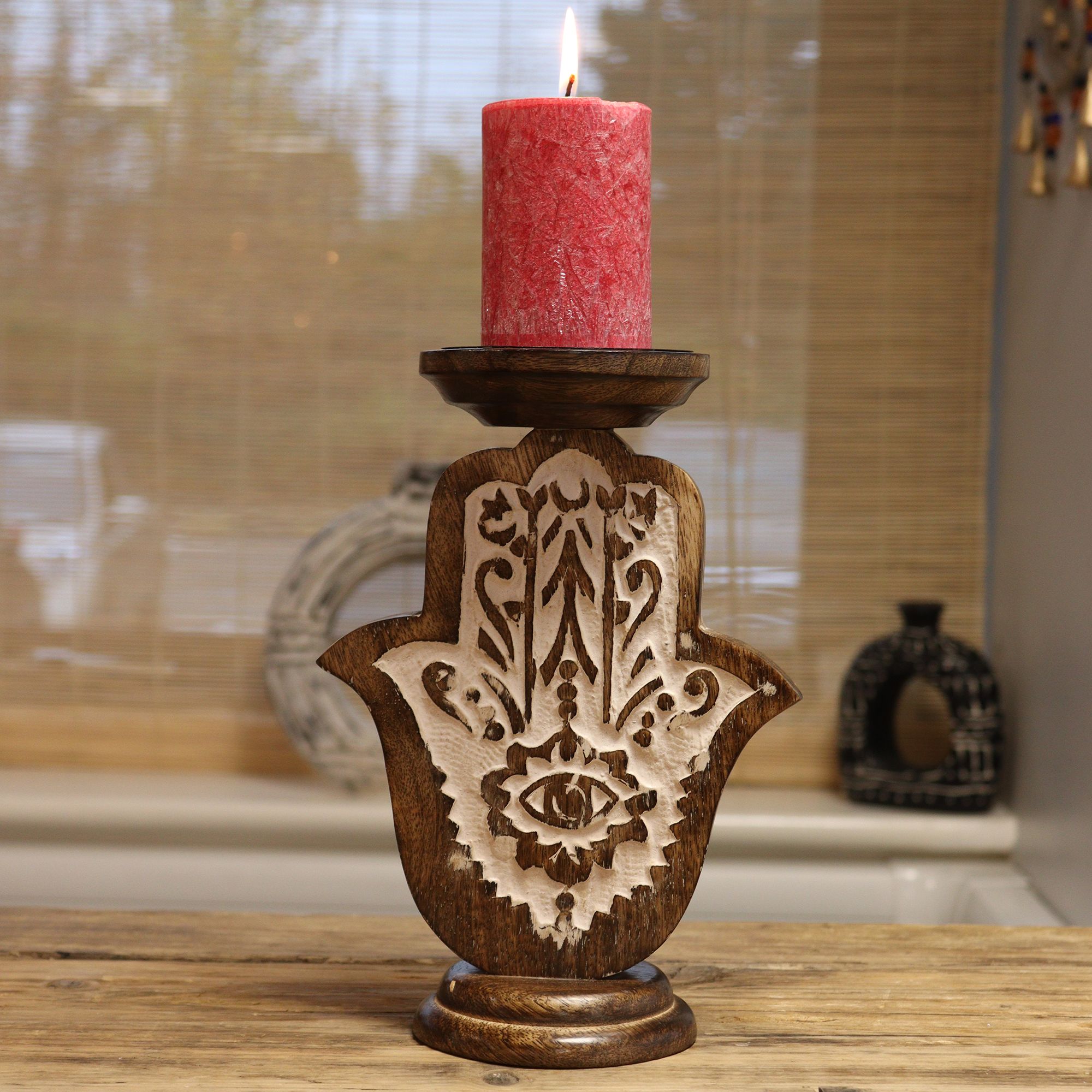 Mango Wood Candle Stand - Hamsa - Large3