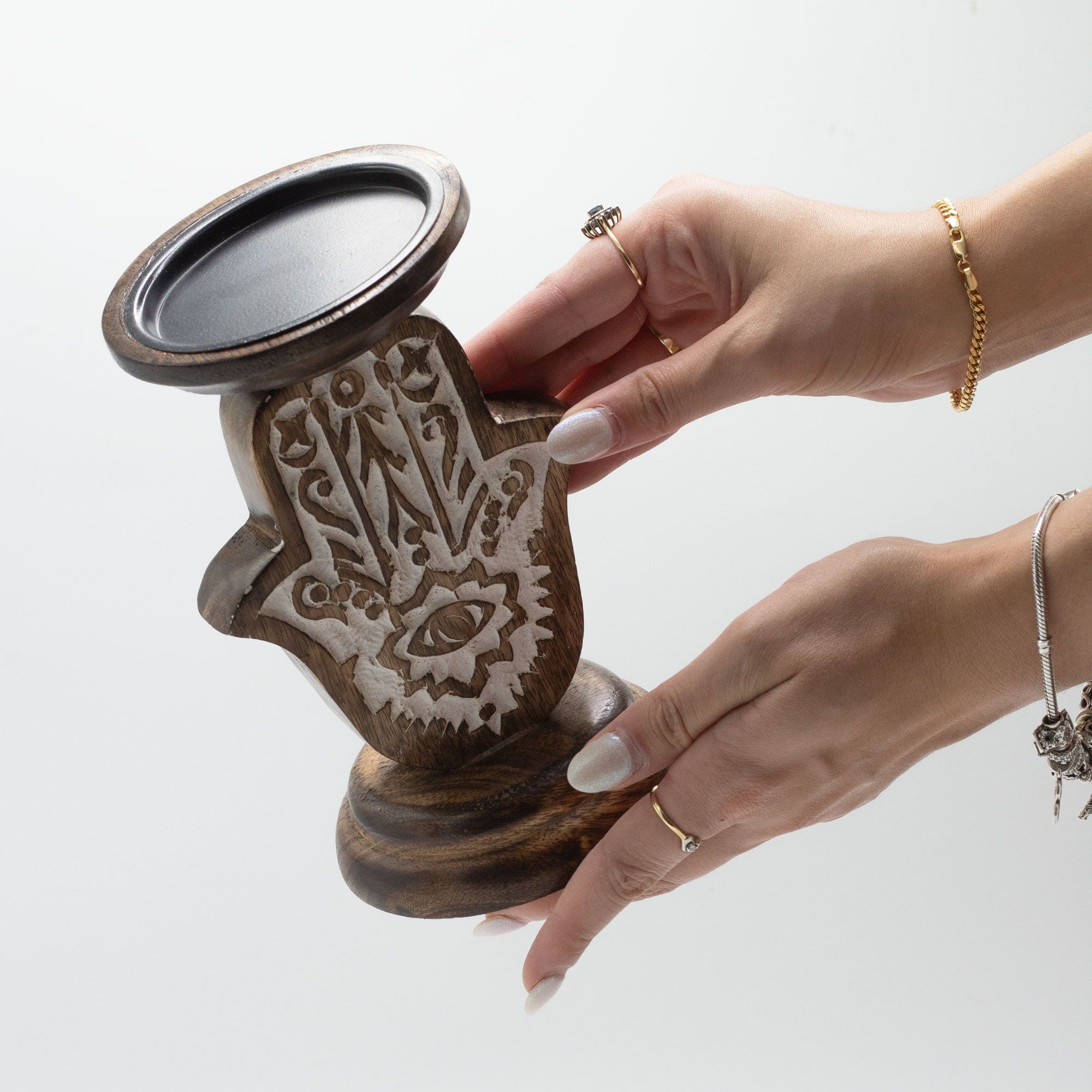 Mango Wood Candle Stand - Hamsa - Small4