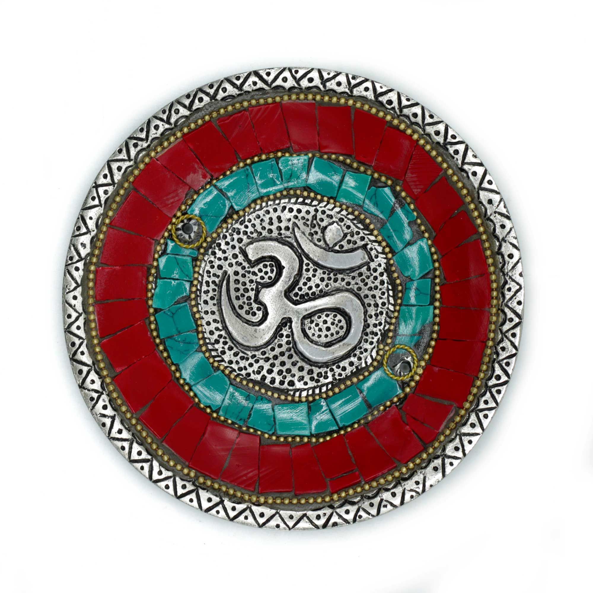 Handcrafted Om Plate Tibetan Incense Holder - Cone & Stick Burner with Mosaic Inlay