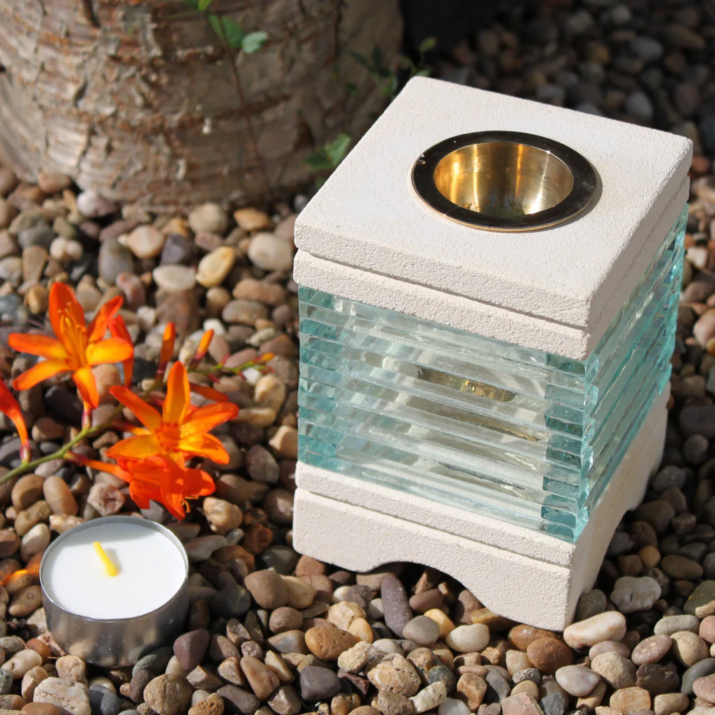 Hand-Carved Sandstone & Glass Brick Oil Burner | Modern Wax Melt Warmer2