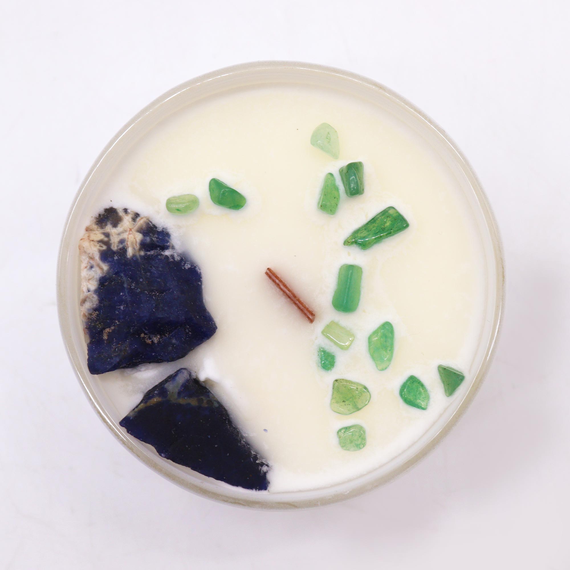 Throat Chakra Crystal Candle with Sodalite & Jade Chips1