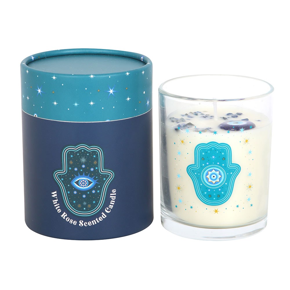 Hand of Hamsa Protection Candle | White Rose Scented & Crystal Infused1
