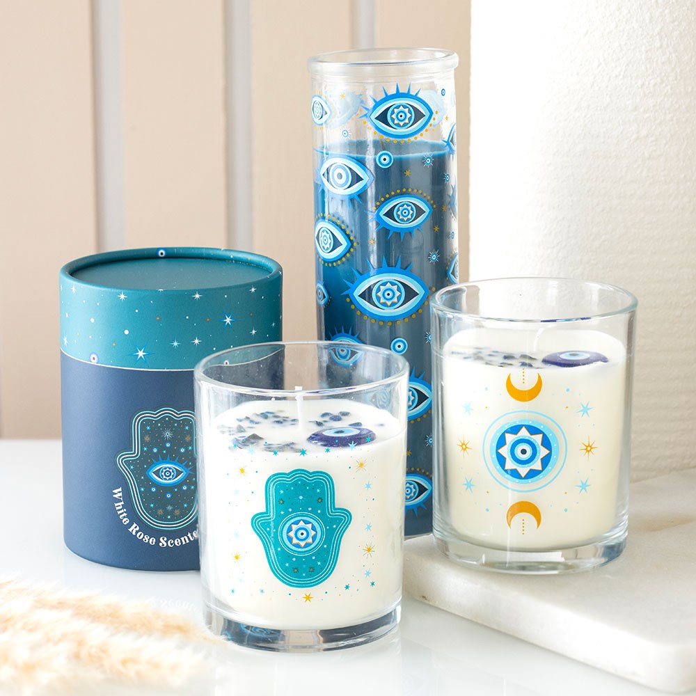 Hand of Hamsa Protection Candle | White Rose Scented & Crystal Infused5