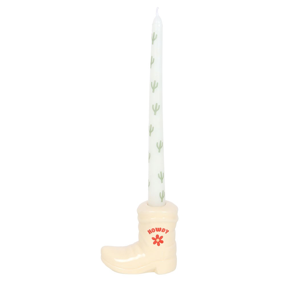 White Howdy Cowboy Boot Taper Candle Holder with Cactus Taper Candle1