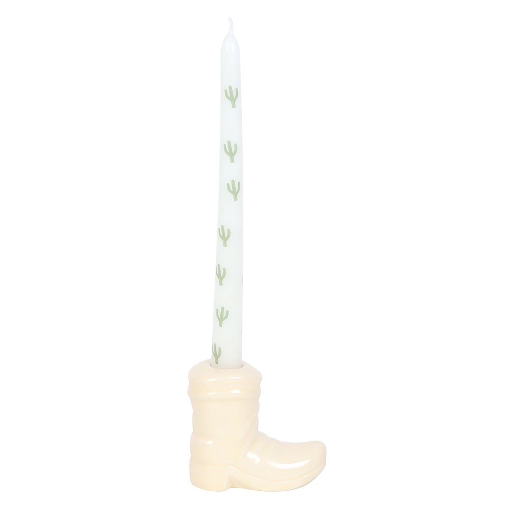 White Howdy Cowboy Boot Taper Candle Holder with Cactus Taper Candle2