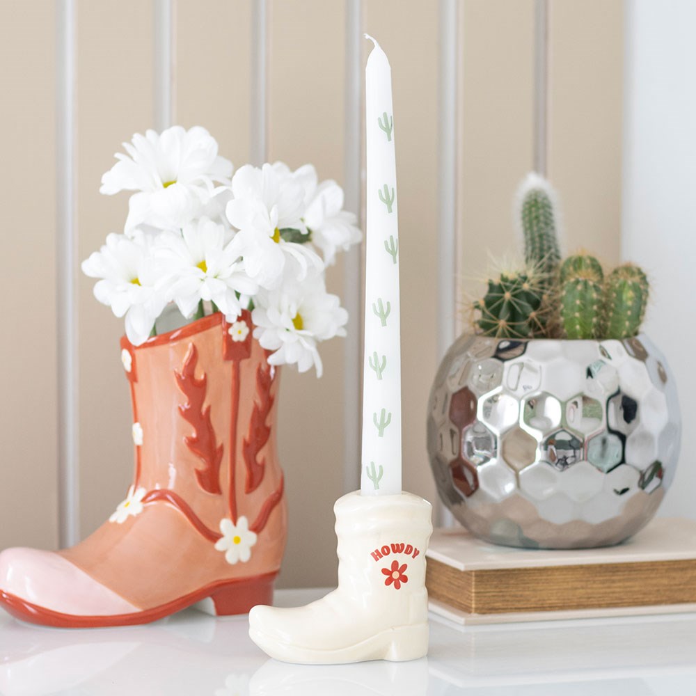 White Howdy Cowboy Boot Taper Candle Holder with Cactus Taper Candle3