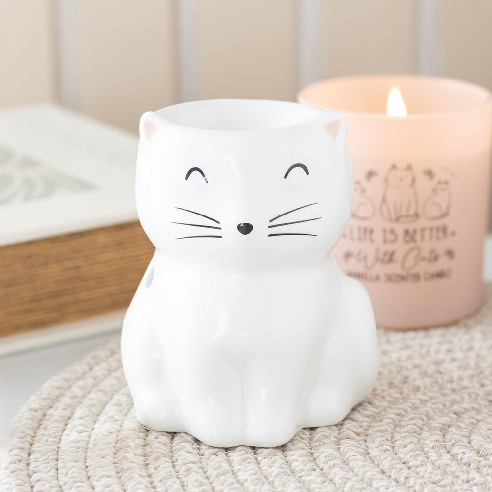 White Happy Cat Ceramic Oil Burner & Wax Warmer