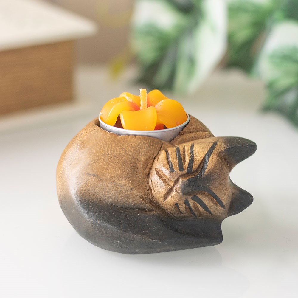 Hand-Carved Wooden Cat Tealight Holder