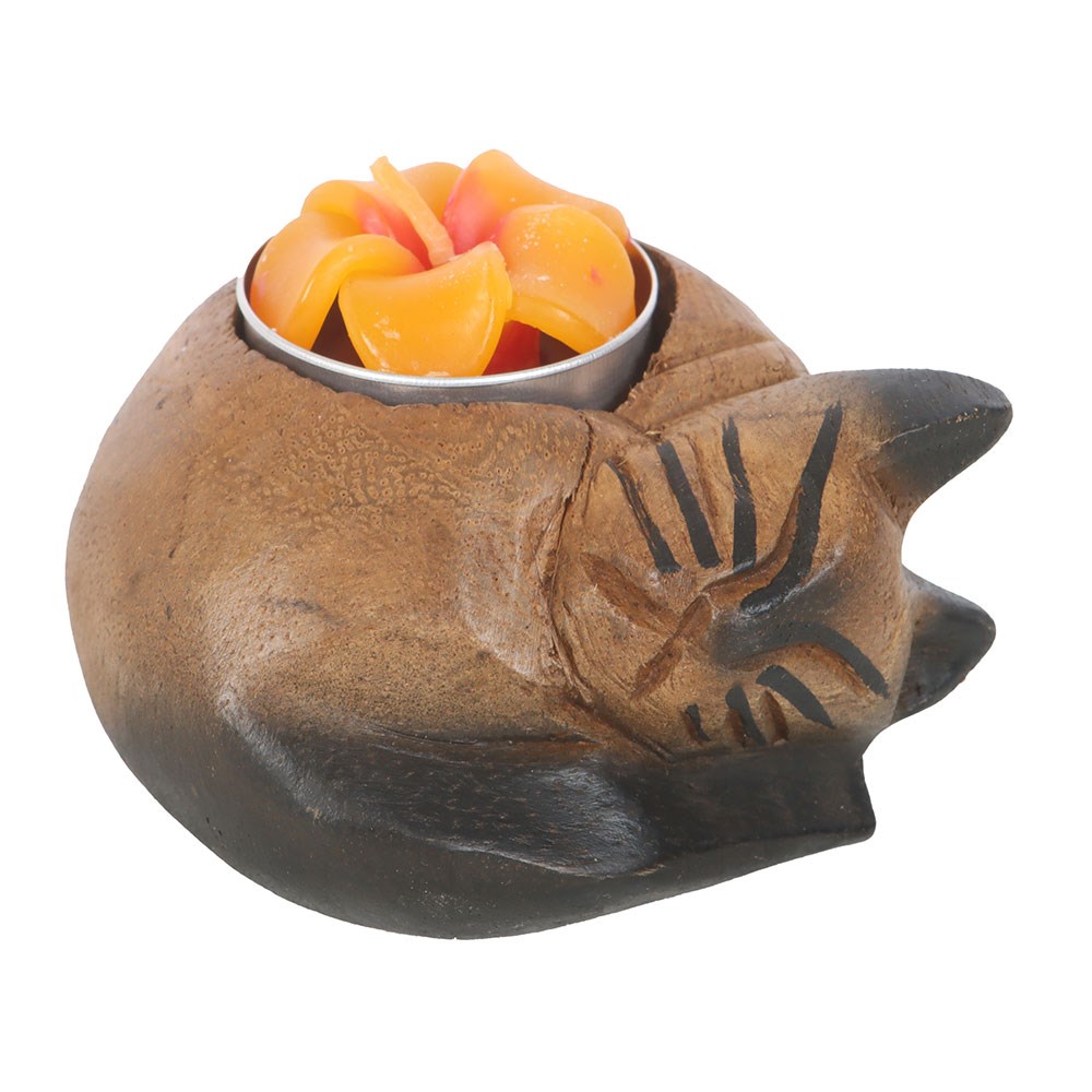 Hand-Carved Wooden Cat Tealight Holder1