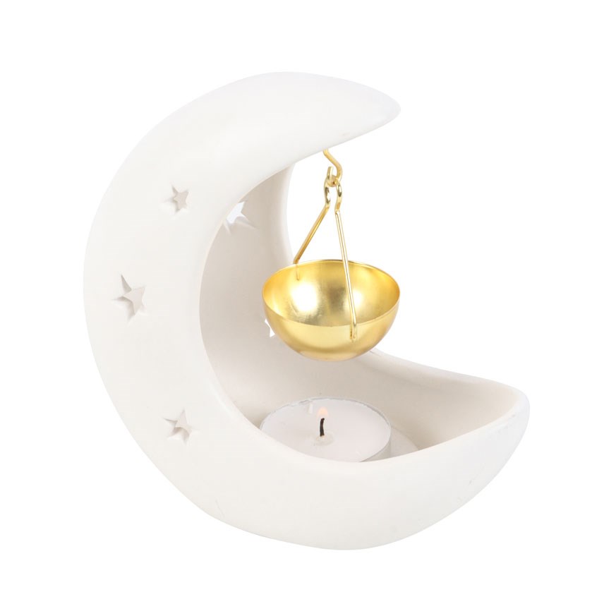 White Crescent Moon Hanging Oil Burner with Gold Dish1