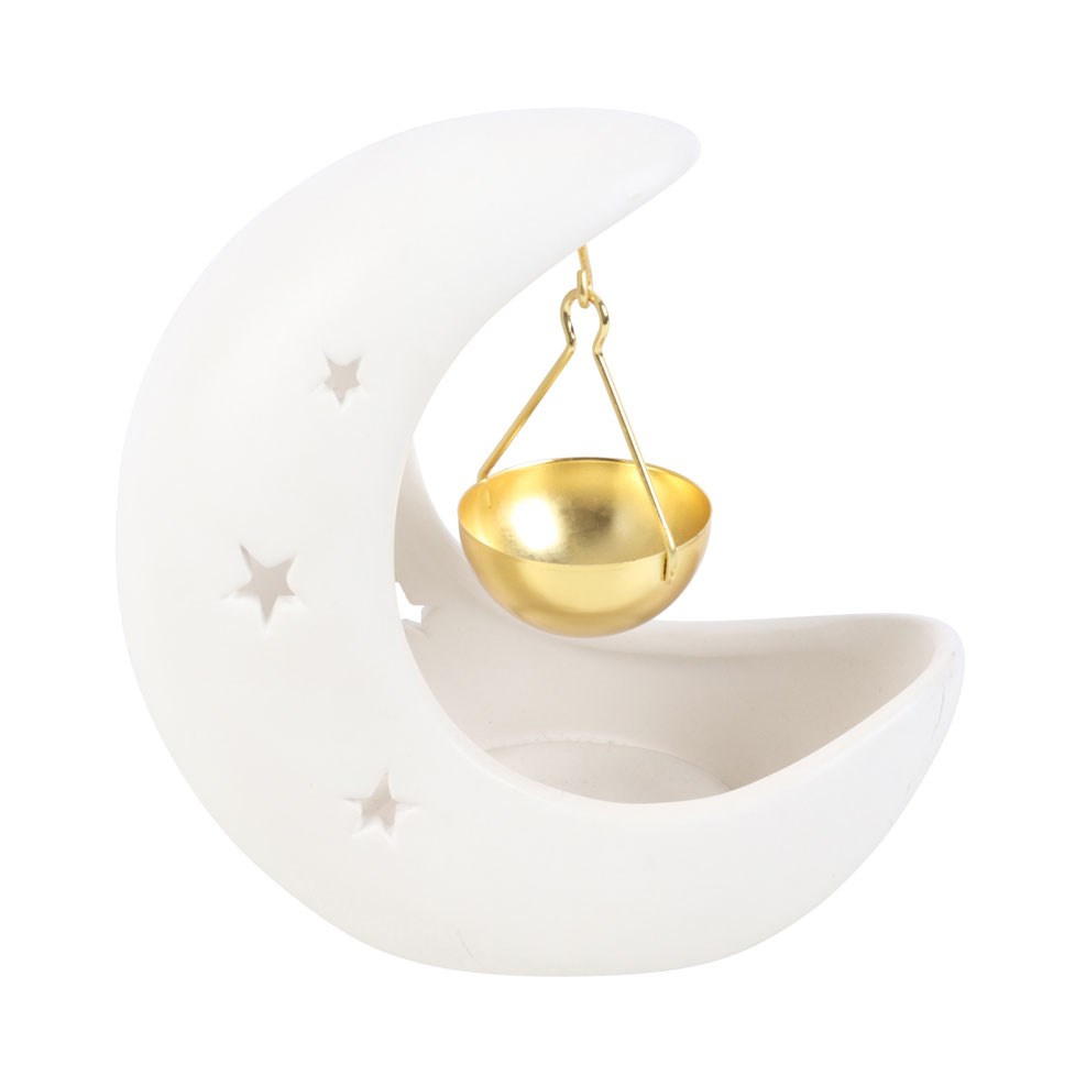 White Crescent Moon Hanging Oil Burner with Gold Dish2