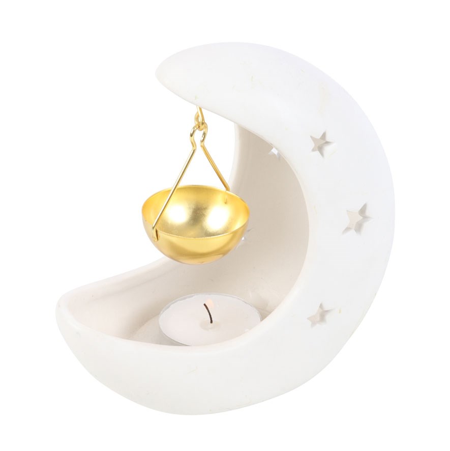 White Crescent Moon Hanging Oil Burner with Gold Dish3
