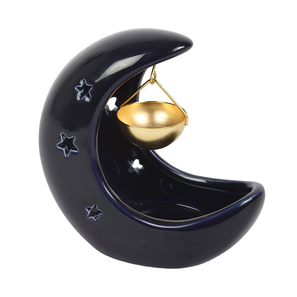 Blue Crescent Moon Hanging Oil Burner with Gold Dish1