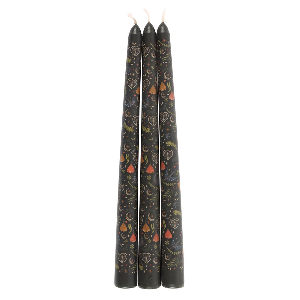 Set of 3 Black Midnight Bloom Print Taper Candles1