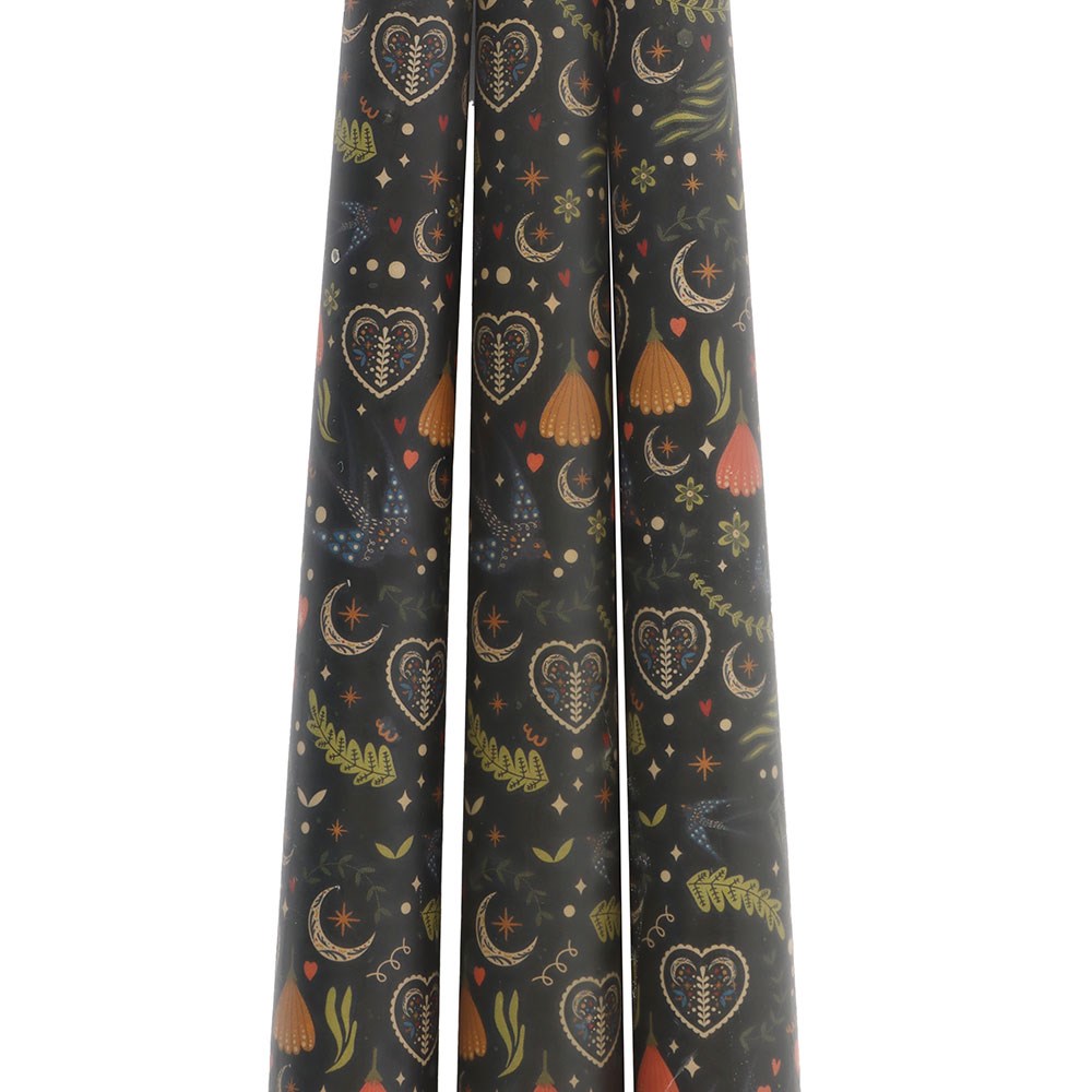 Set of 3 Black Midnight Bloom Print Taper Candles2