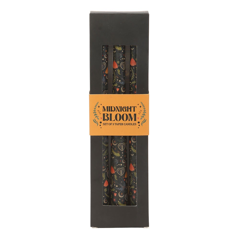 Set of 3 Black Midnight Bloom Print Taper Candles3