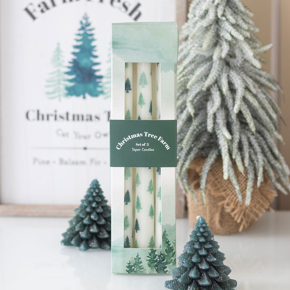 Set of 3 White Fir Tree Taper Candles