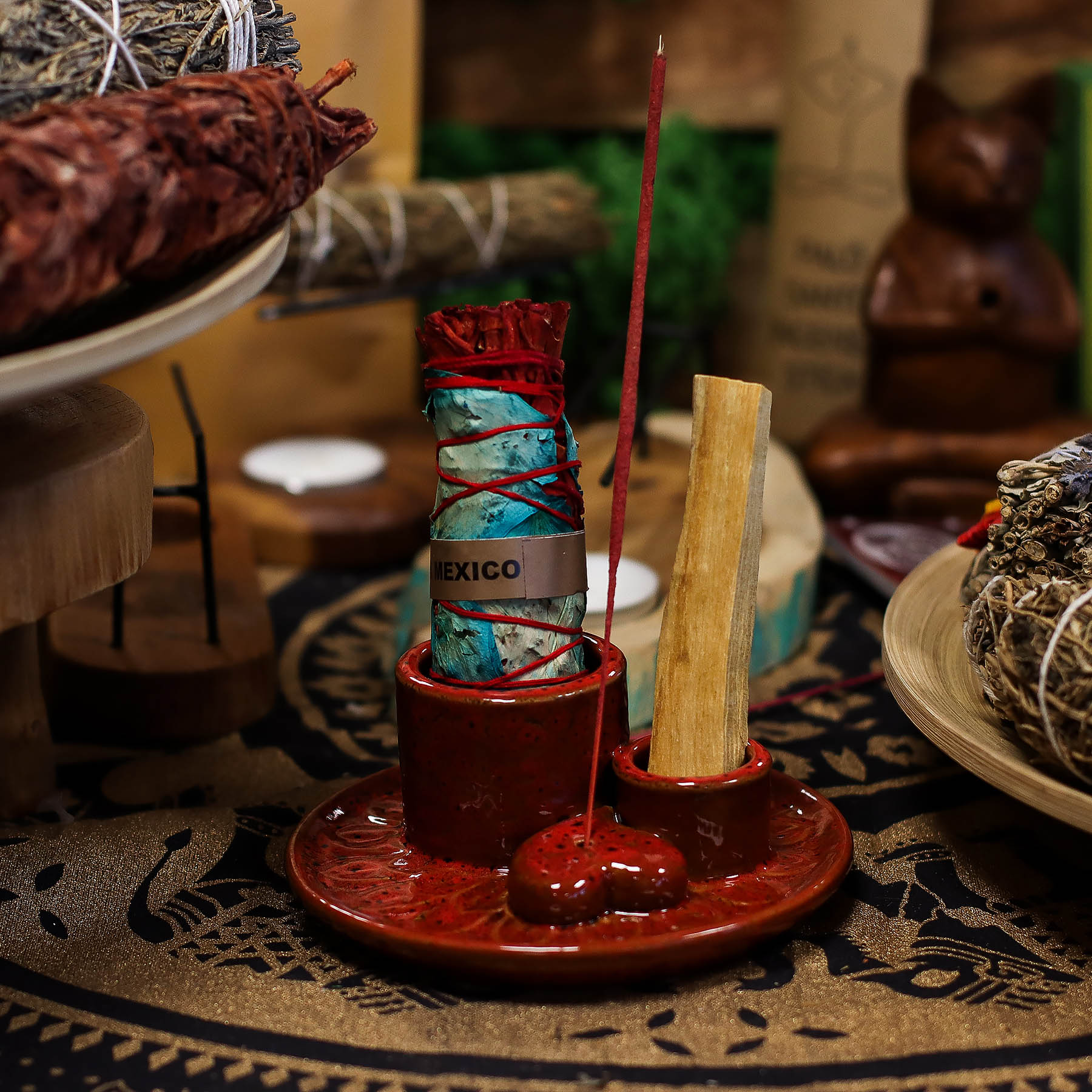 Palo Santo Stick & Smudge Holder - Mandala - Red with Heart Gloss5