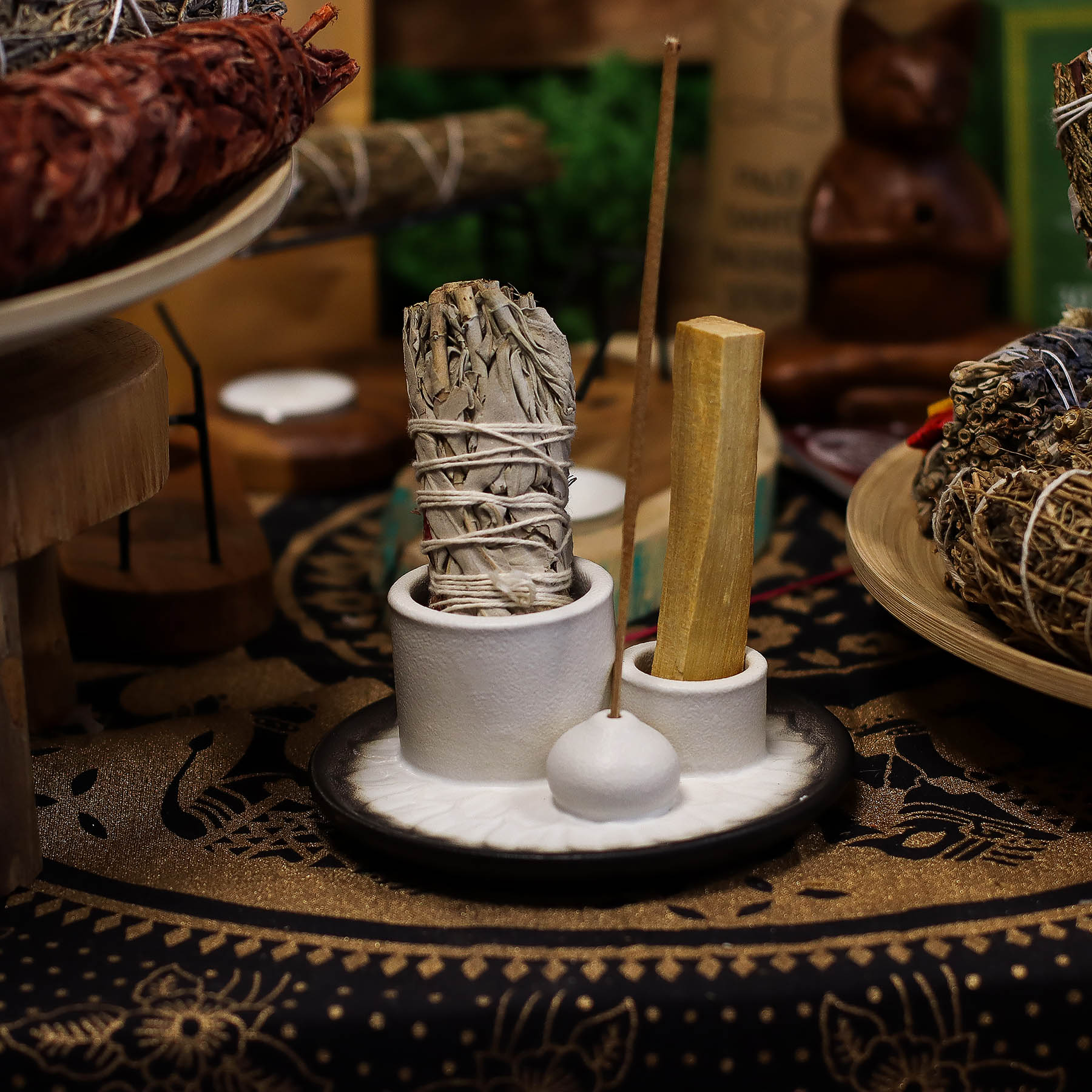 Palo Santo Stick & Smudge Holder - Mandala - White & Grey5