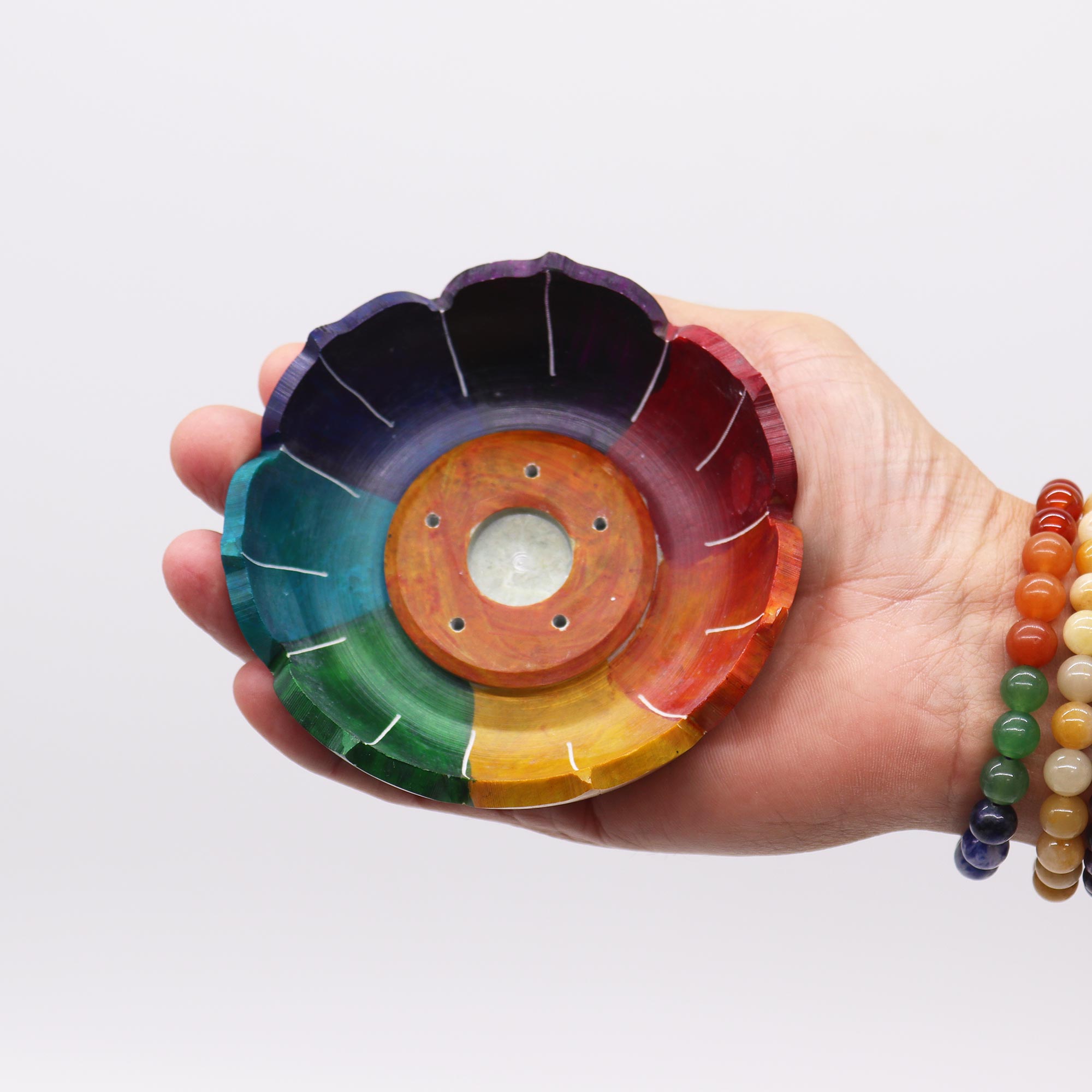 Soapstone Lotus Flower Incense Holder - Chakra Colours2
