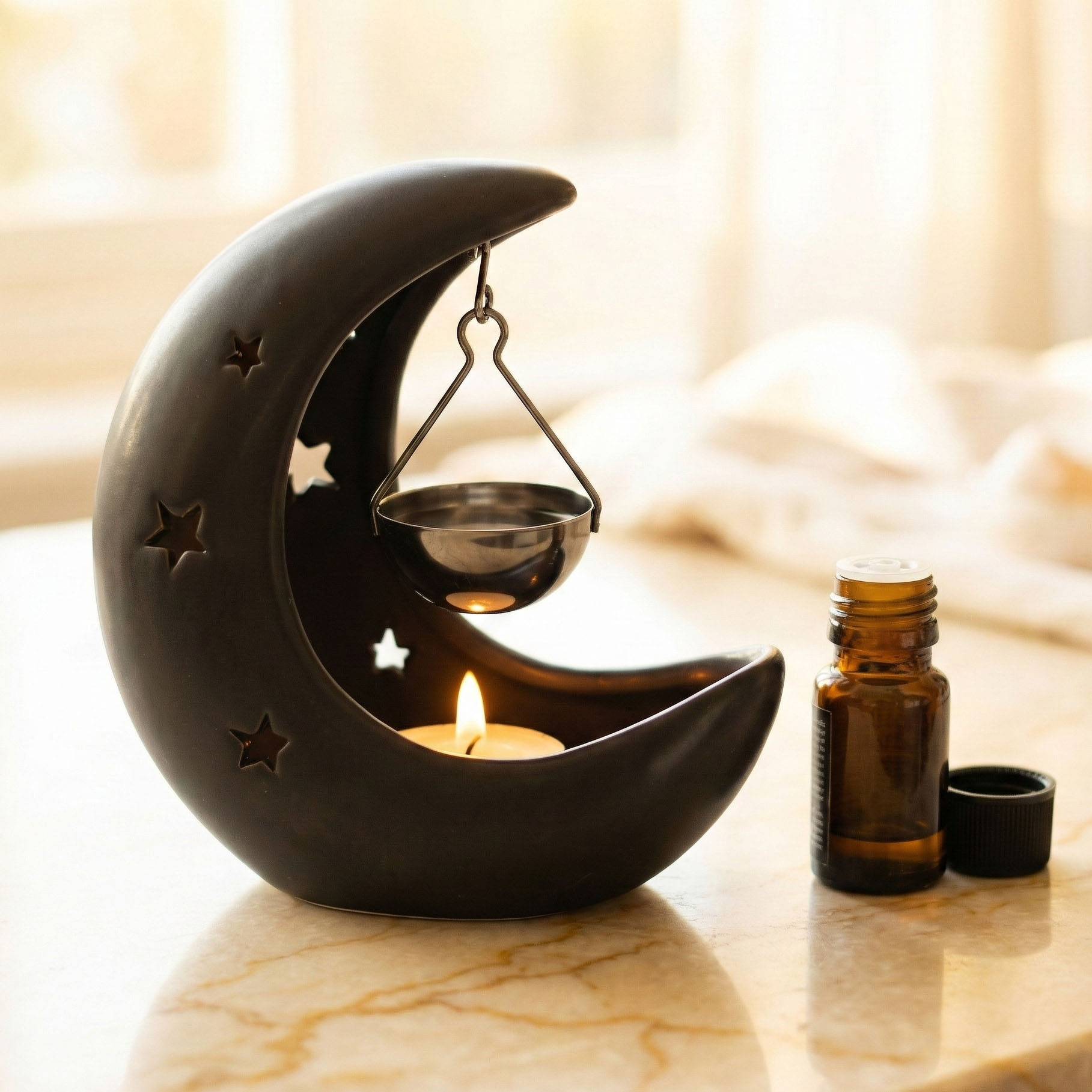 Black Crescent Moon Hanging Oil Burner with Silver Dish