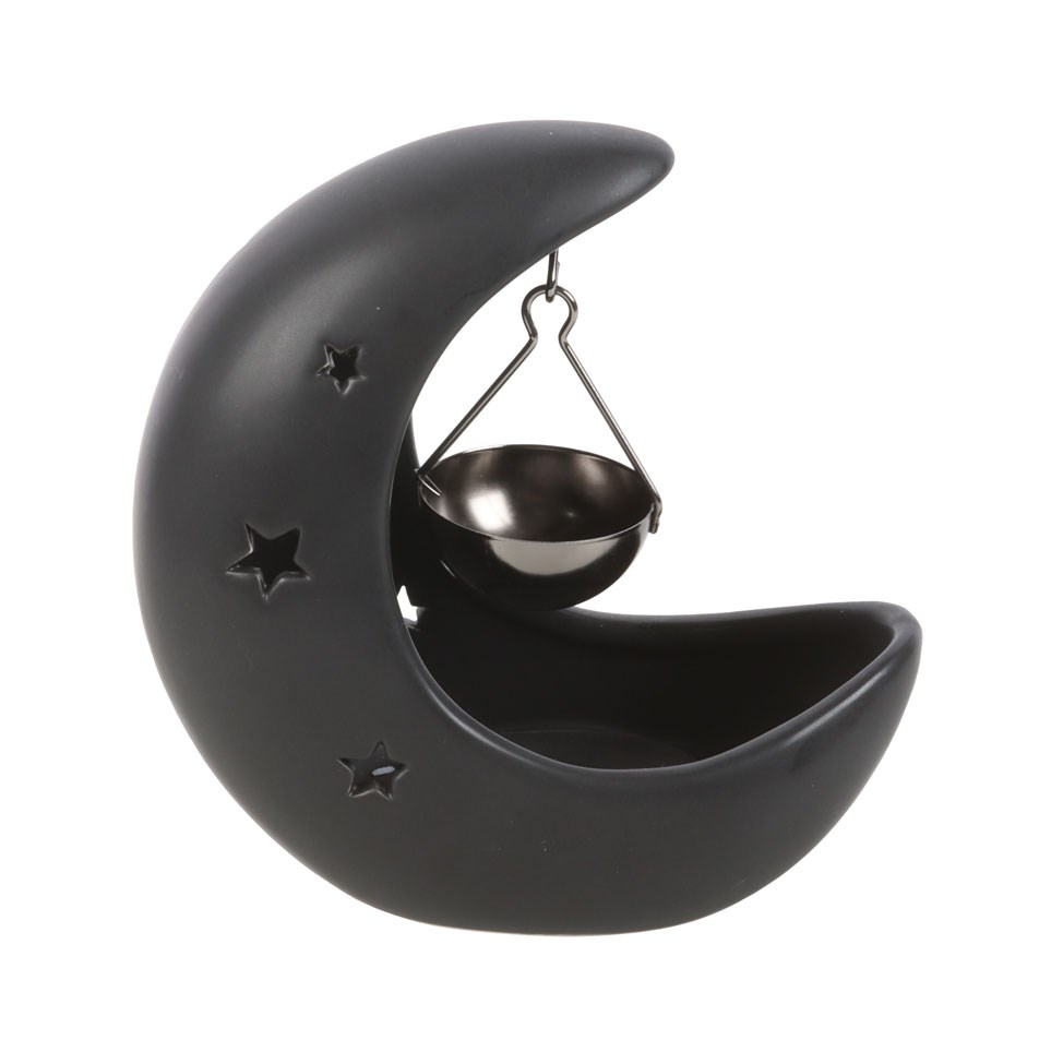 Black Crescent Moon Hanging Oil Burner with Silver Dish3
