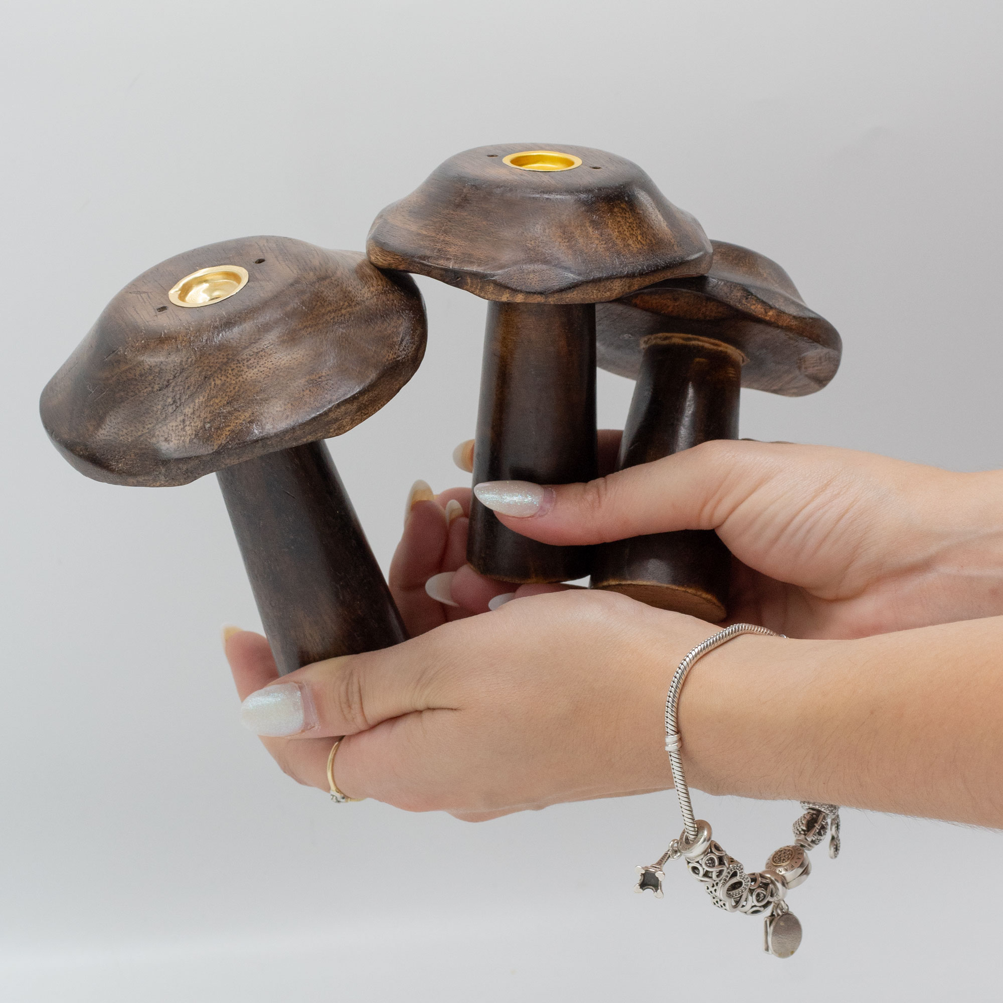 Hand-Carved Mango Wood Mushroom Incense Holders (Sticks & Cones) - Set of 32