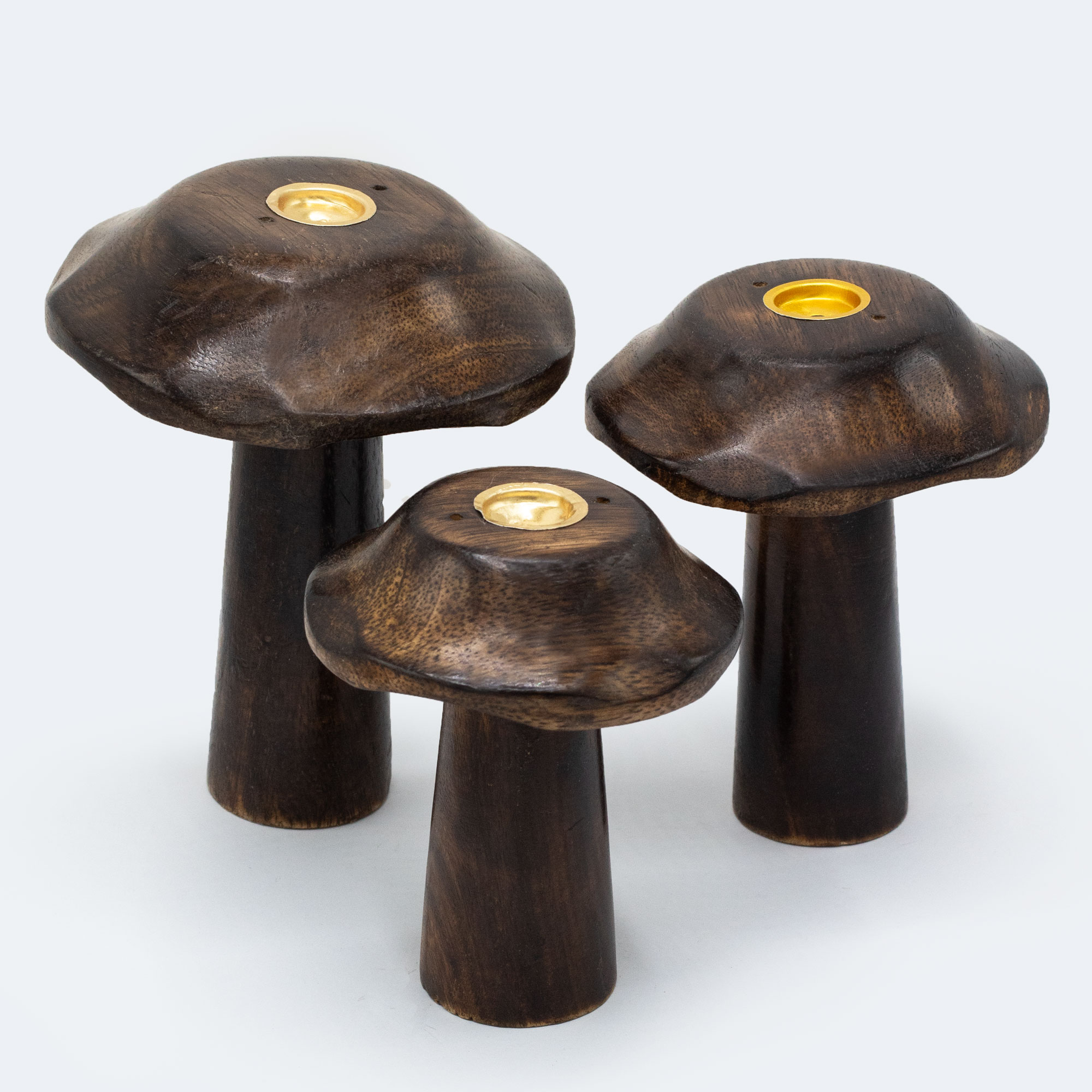 Hand-Carved Mango Wood Mushroom Incense Holders (Sticks & Cones) - Set of 33