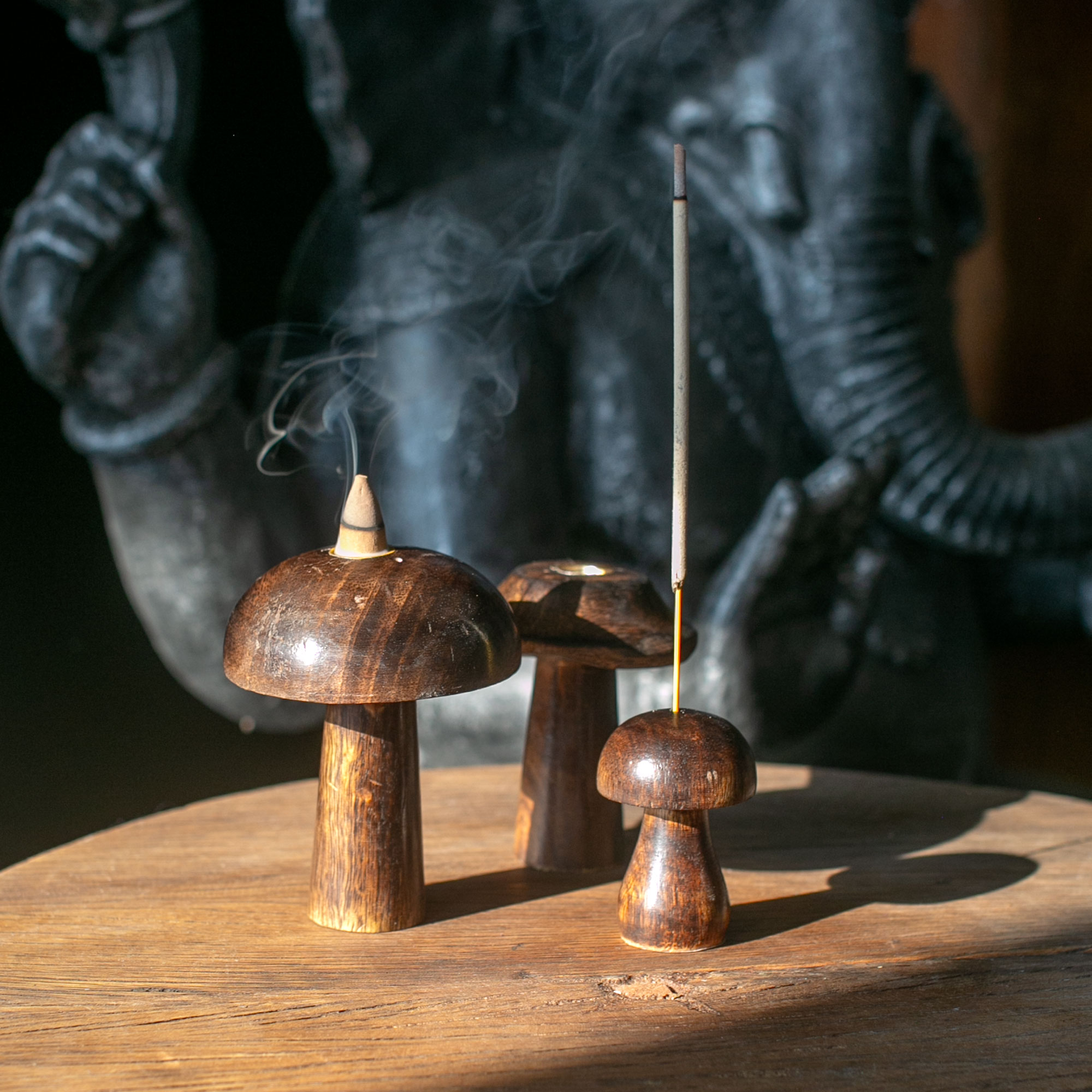 Hand-Carved Mango Wood Mushroom Incense Holders (Sticks & Cones) - Set of 34