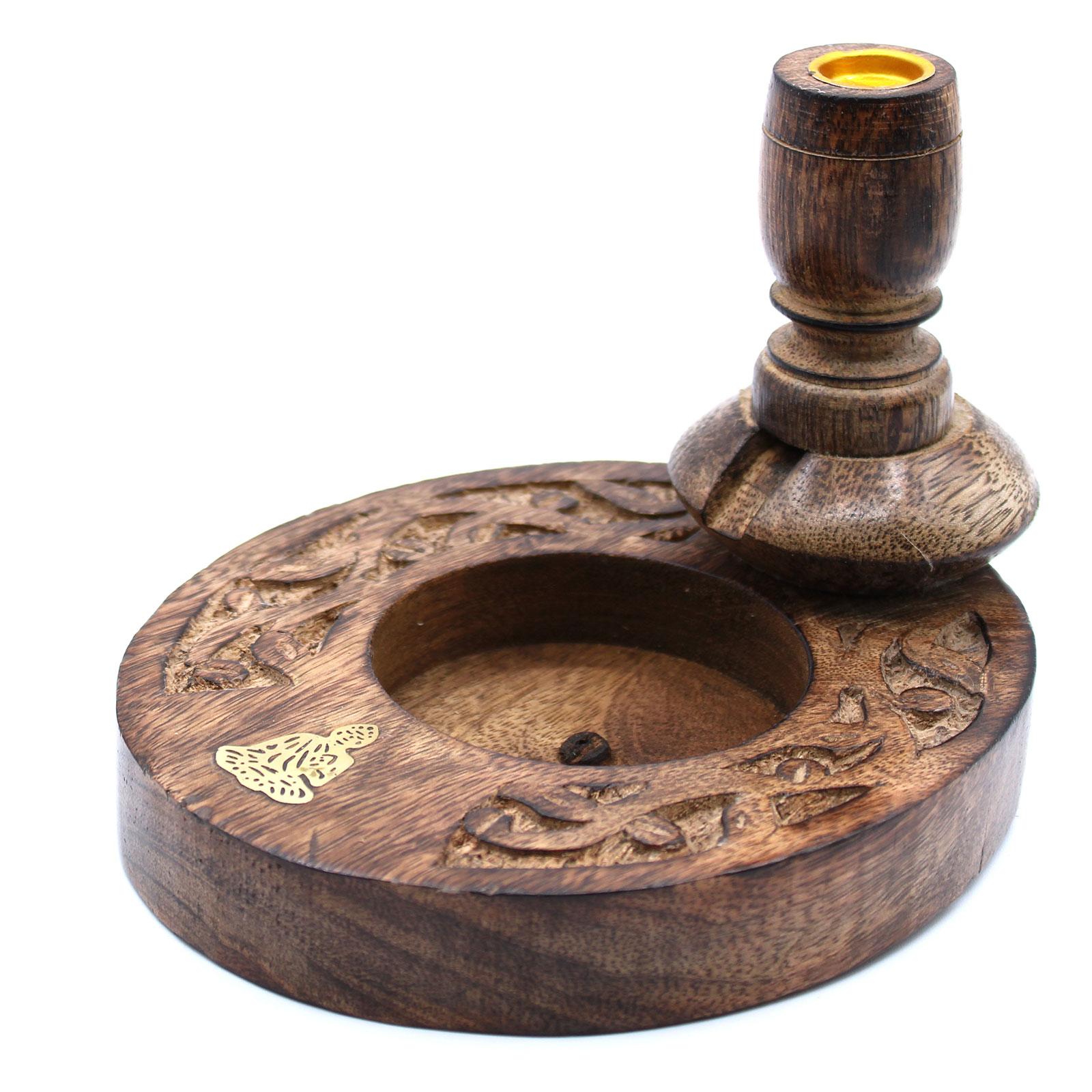 Mango Wood Backflow Incense Burner – Brass Buddha Inlay