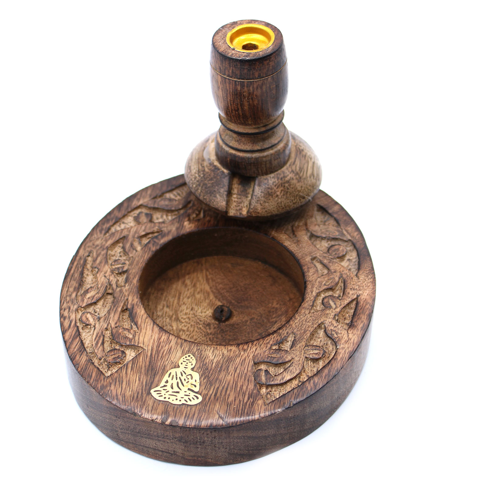 Mango Wood Backflow Incense Burner – Brass Buddha Inlay1