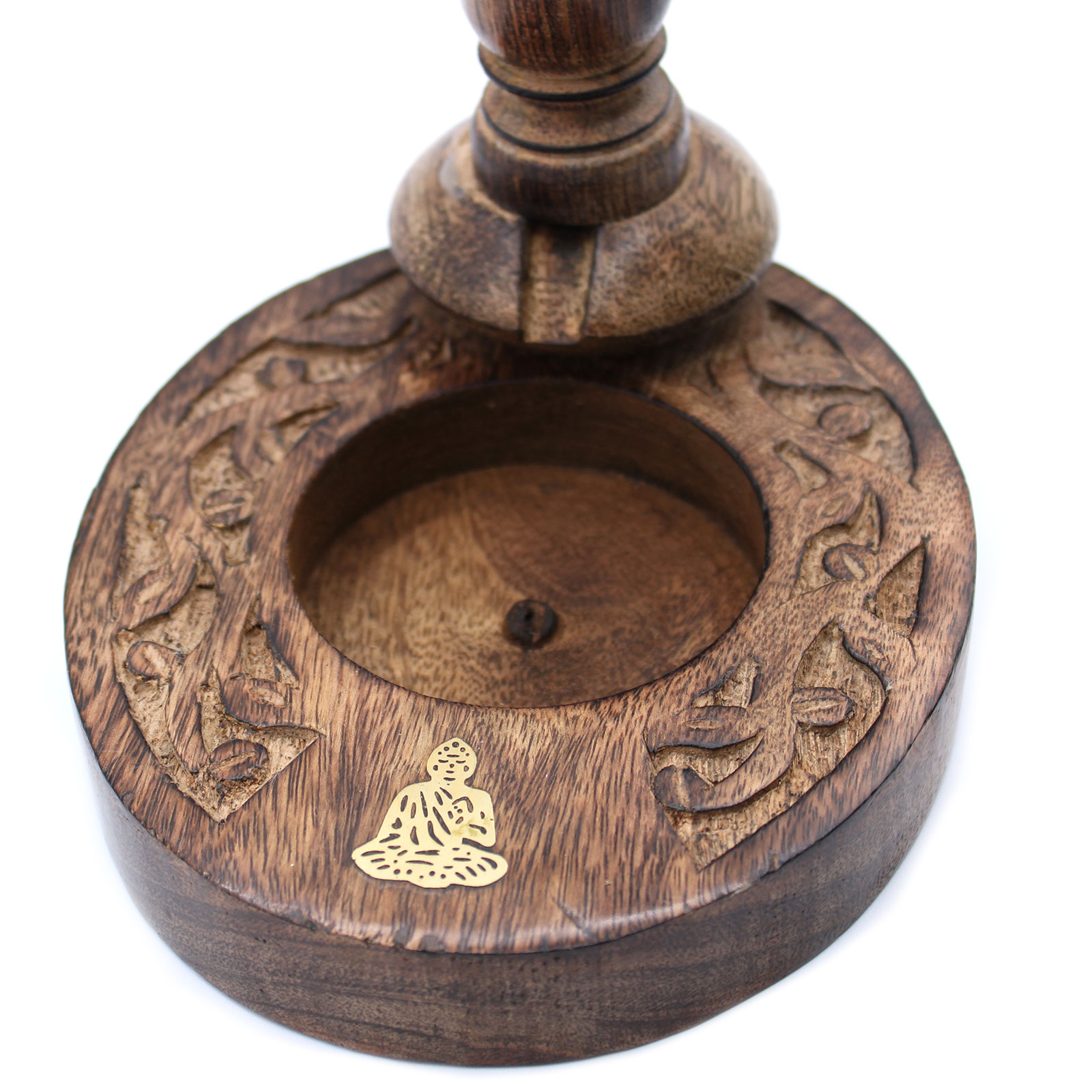 Mango Wood Backflow Incense Burner – Brass Buddha Inlay2