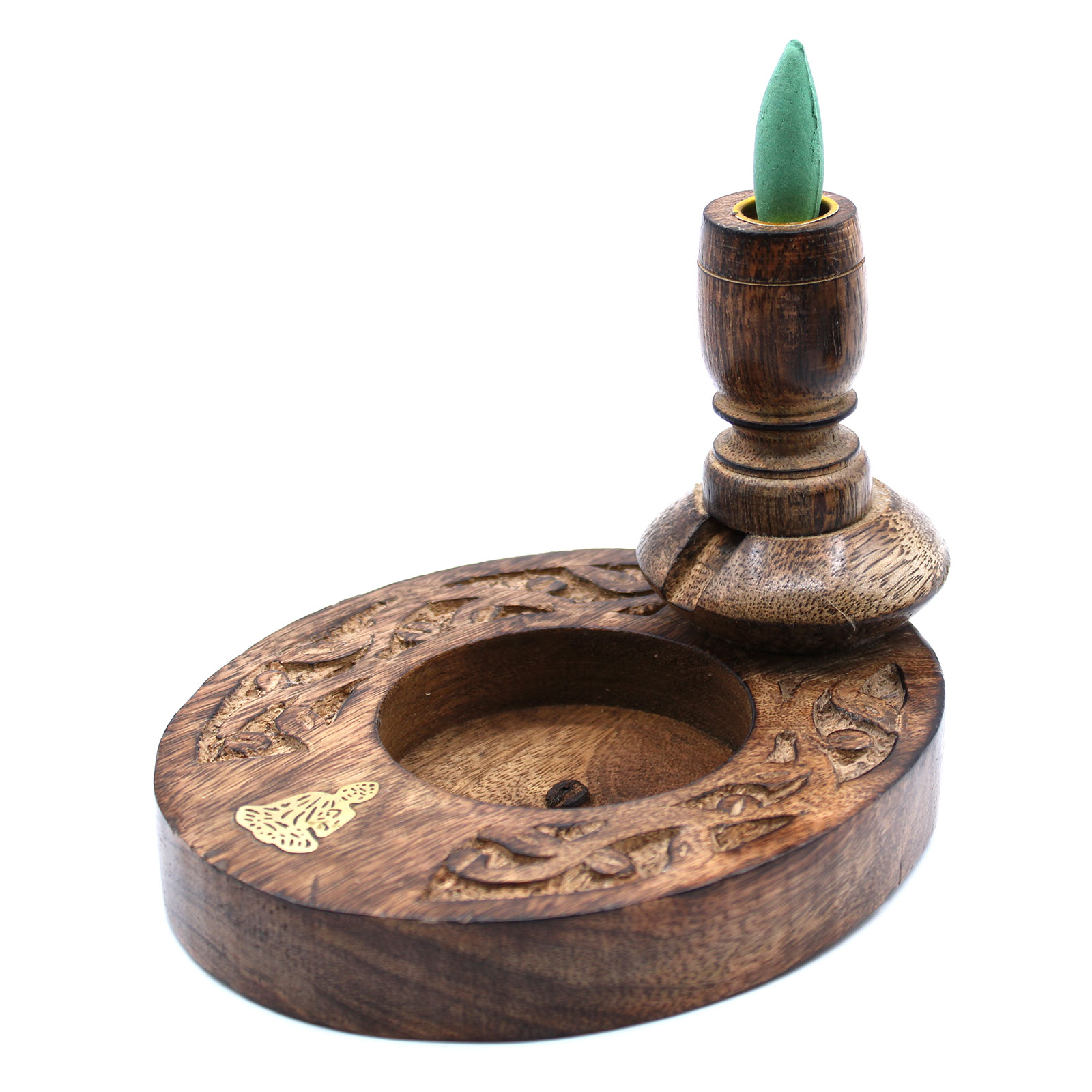 Mango Wood Backflow Incense Burner – Brass Buddha Inlay5