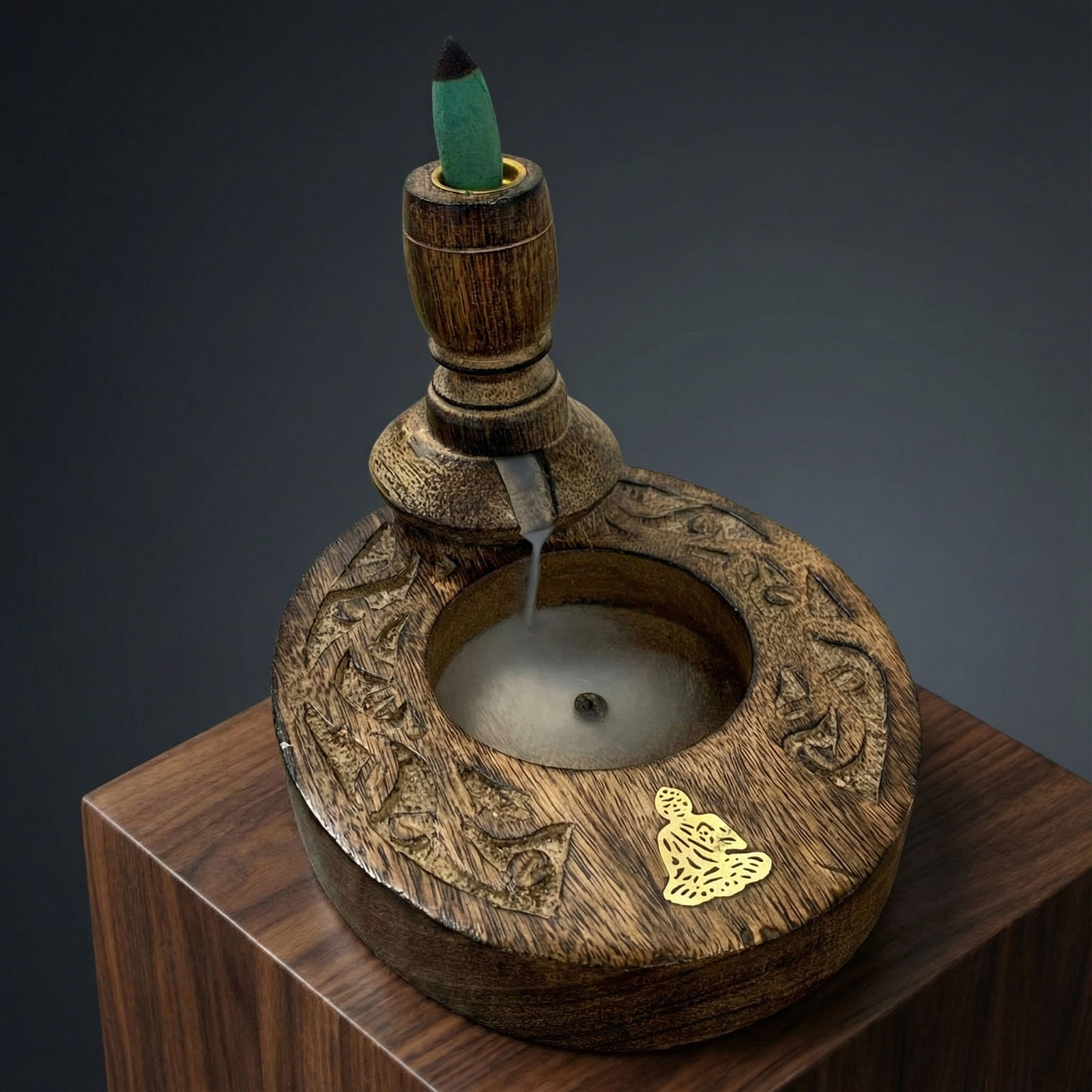 Mango Wood Backflow Incense Burner – Brass Buddha Inlay6