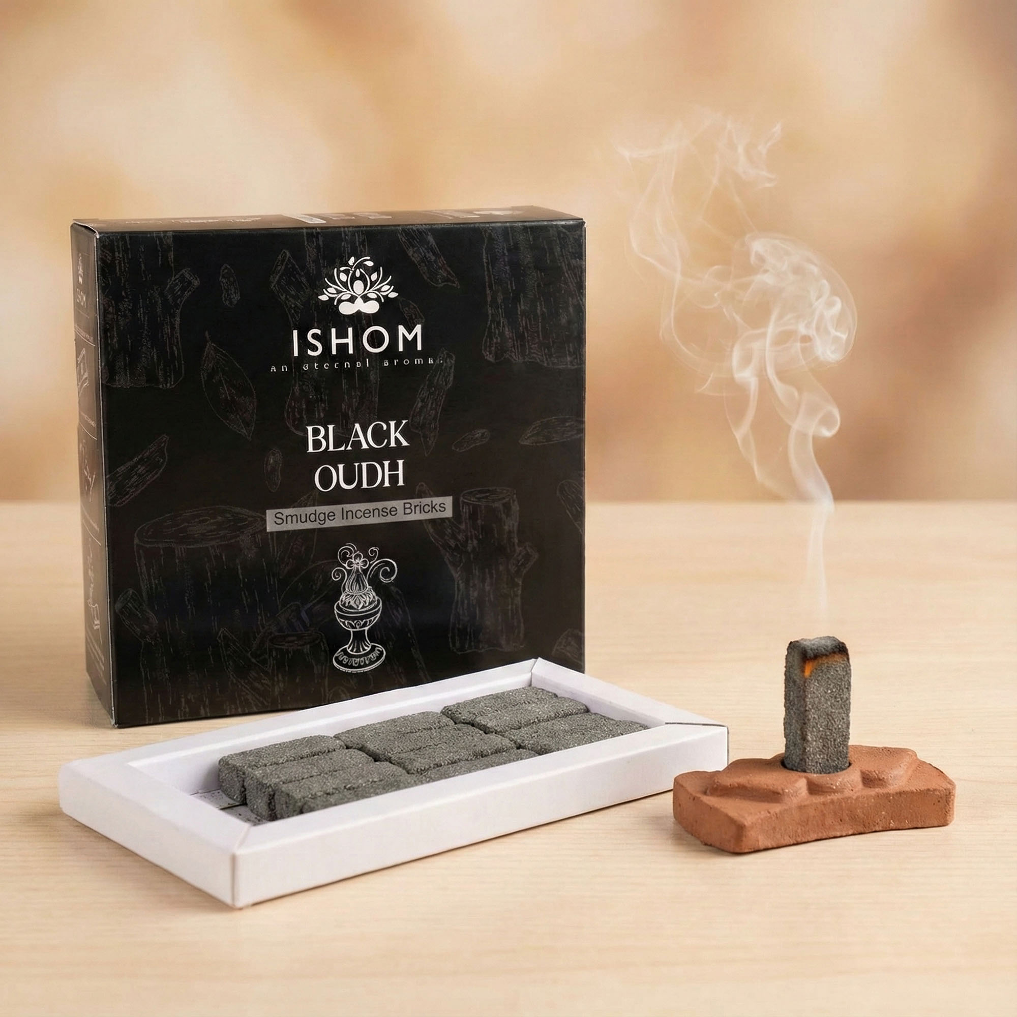 Black Oudh Natural Incense Smudge Bricks with Burner - Pack of 15 by Ishom2