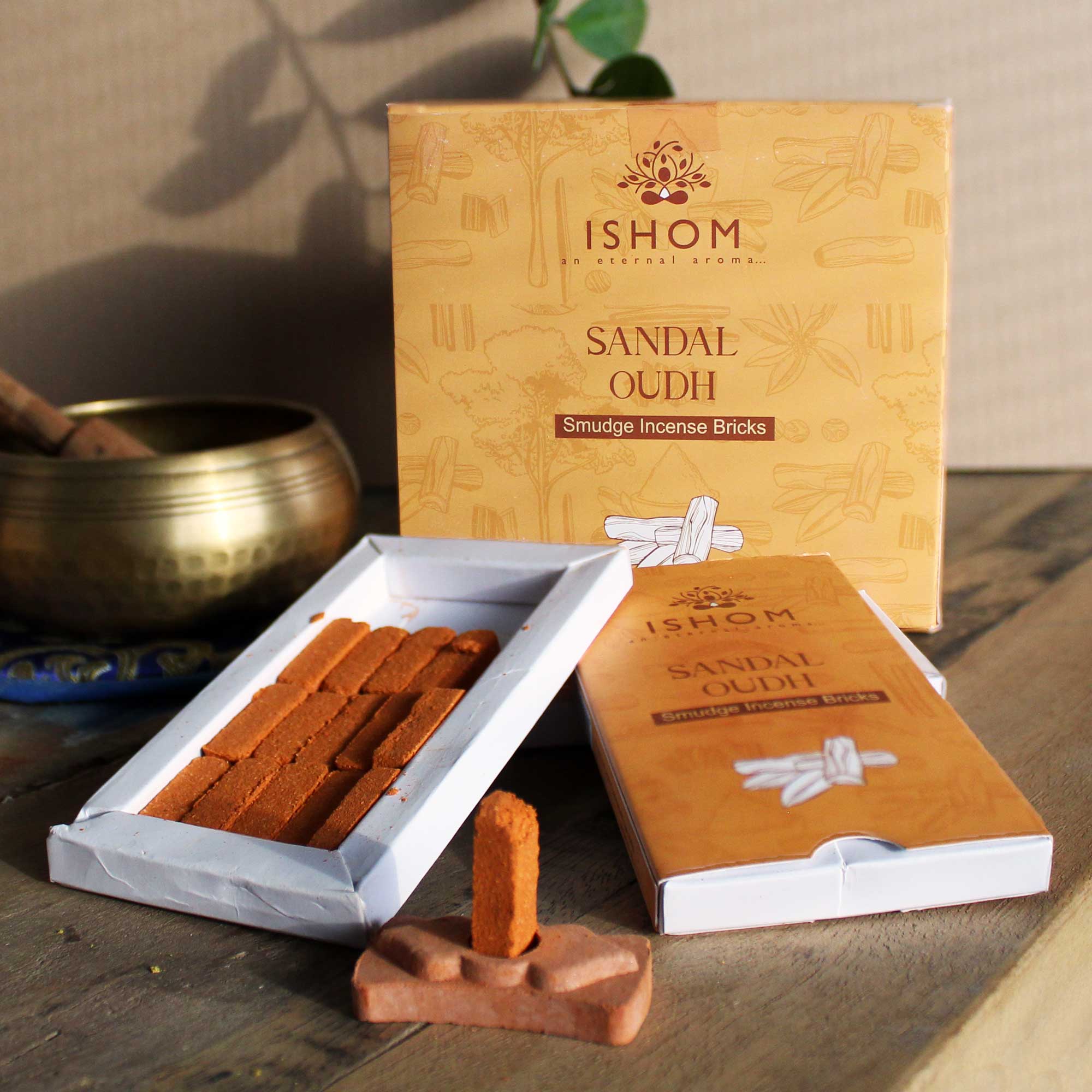 Sandal Oudh Natural Incense Smudge Bricks with Burner - Pack of 15 by Ishom