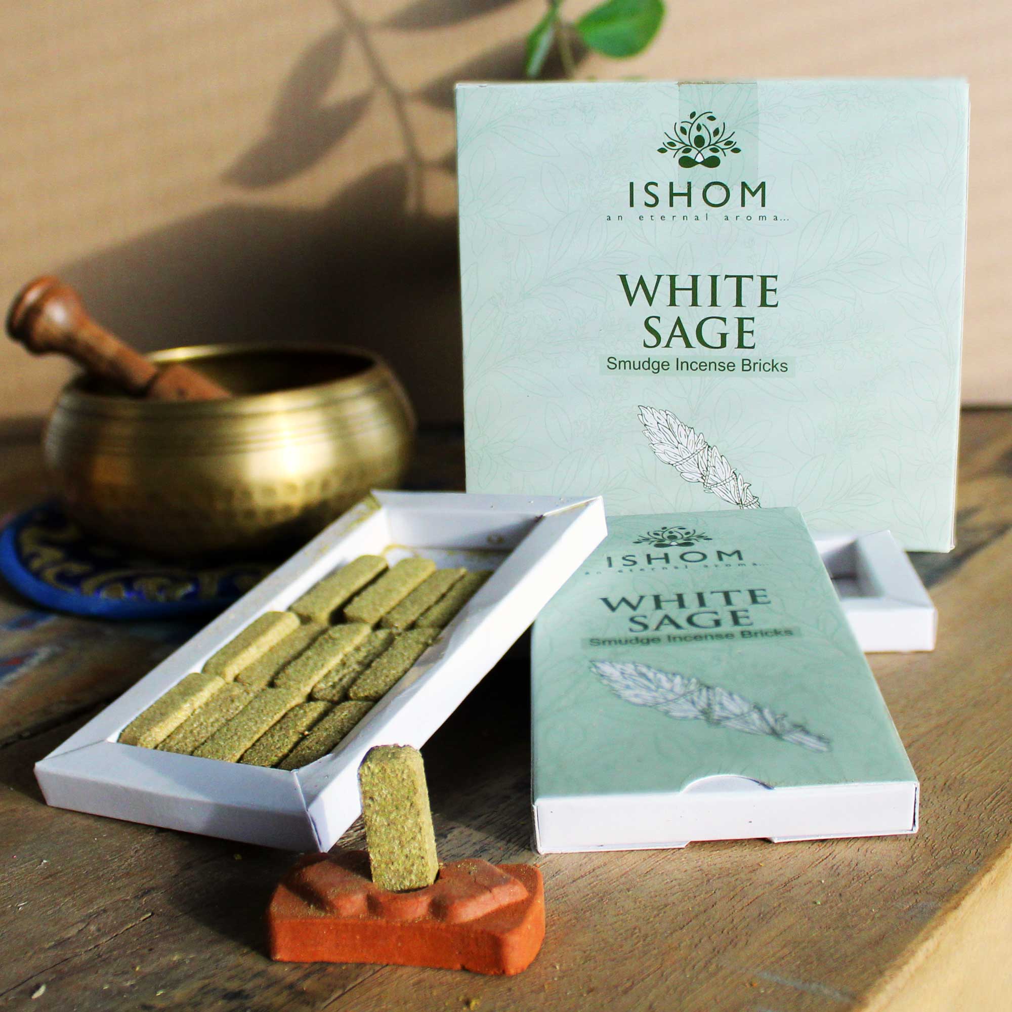 White Sage Natural Incense Smudge Bricks with Burner - Pack of 15 by Ishom