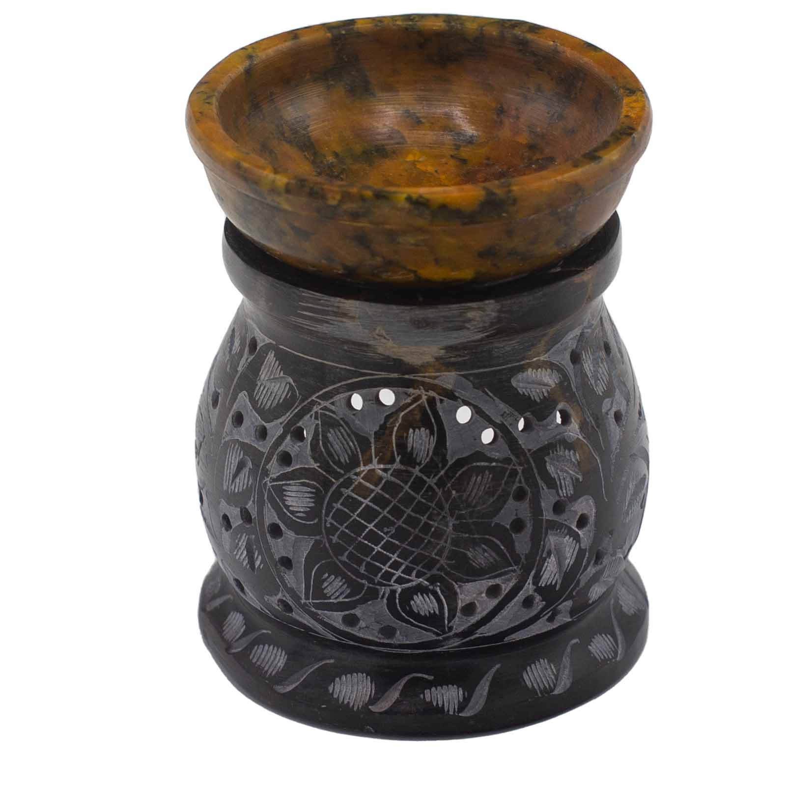 Black & Yellow Soapstone Oil Burner - Mandala Flower (10cm)