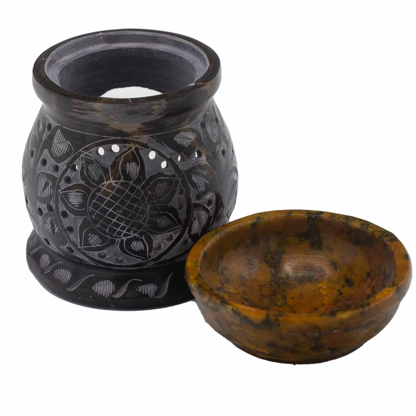 Black & Yellow Soapstone Oil Burner - Mandala Flower (10cm)1