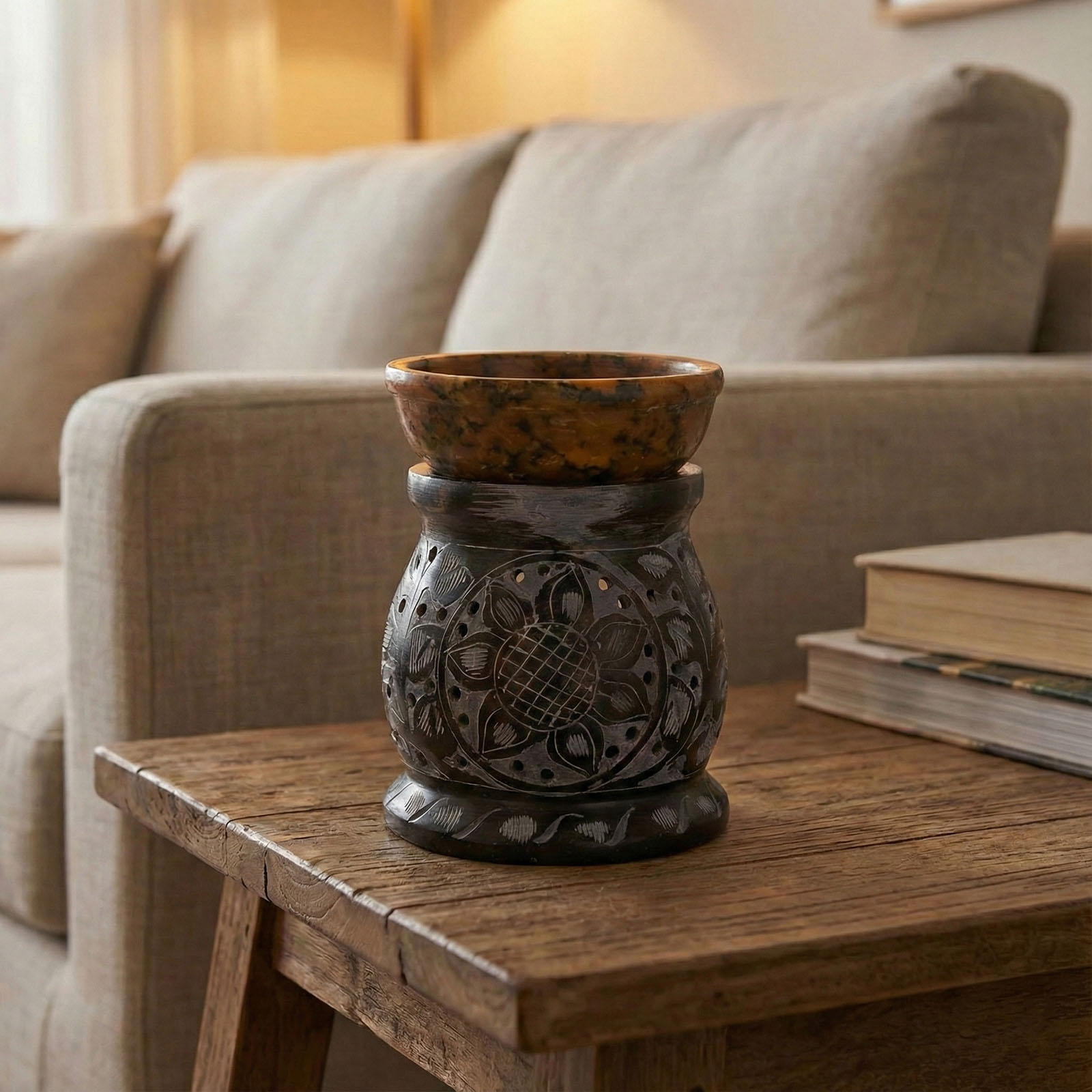 Black & Yellow Soapstone Oil Burner - Mandala Flower (10cm)4