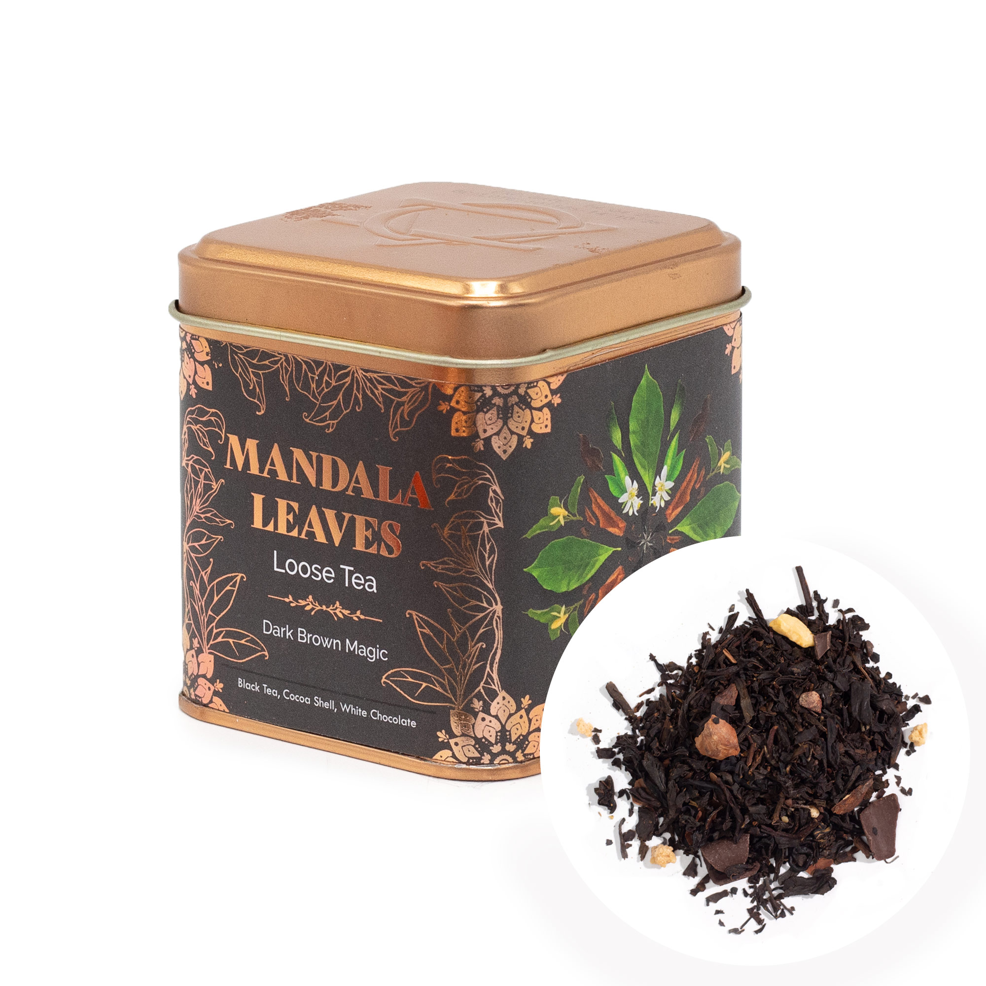 Mandala Leaves Dark Brown Magic Loose Leaf Black Tea – Chocolate & Almond Dessert Blend (50g Tin)