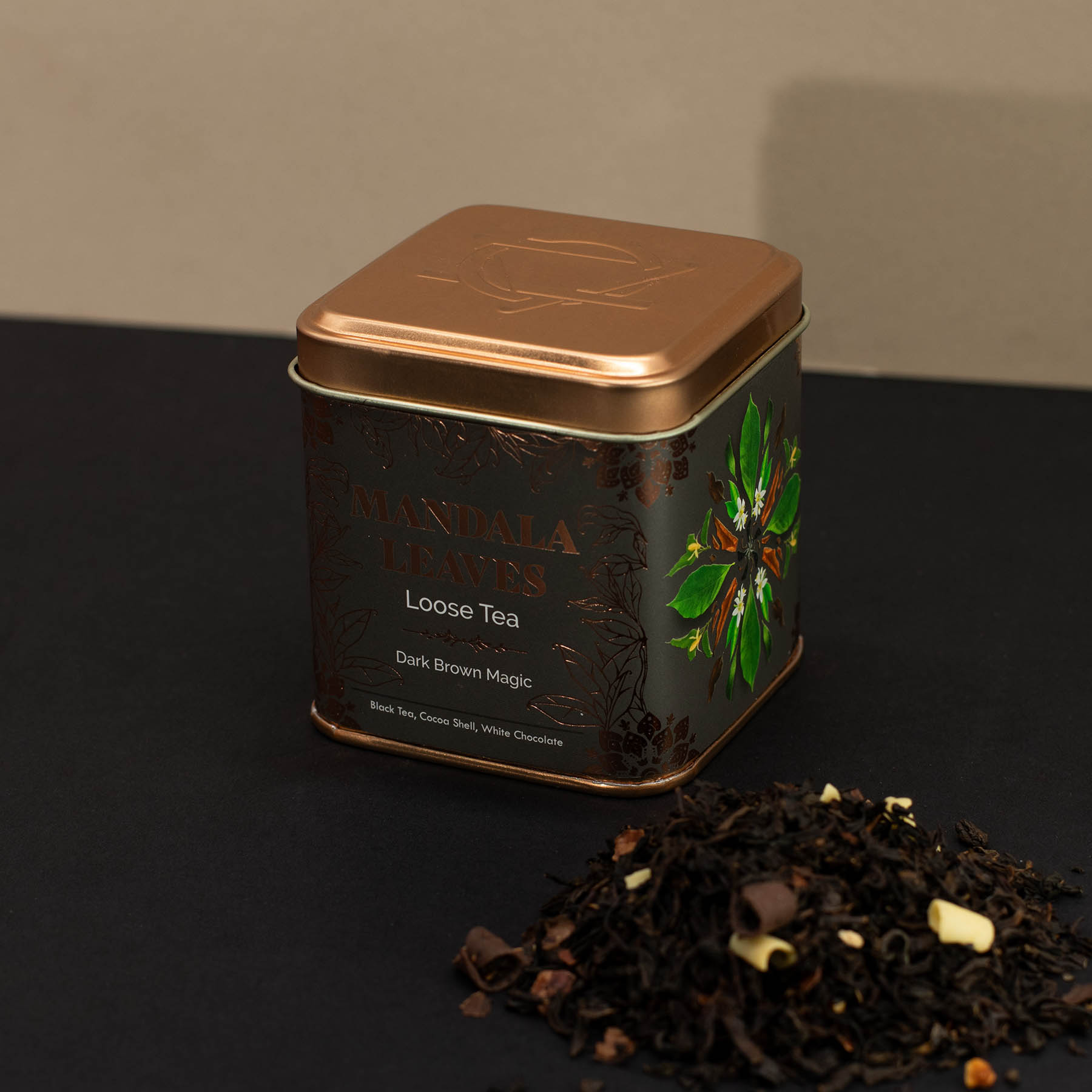 Mandala Leaves Dark Brown Magic Loose Leaf Black Tea – Chocolate & Almond Dessert Blend (50g Tin)2