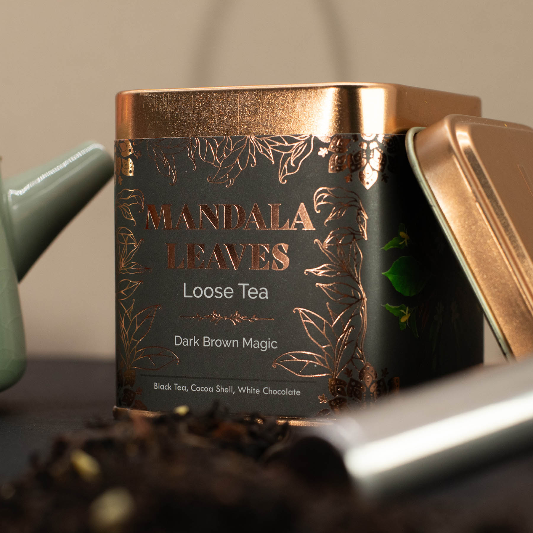 Mandala Leaves Dark Brown Magic Loose Leaf Black Tea – Chocolate & Almond Dessert Blend (50g Tin)3