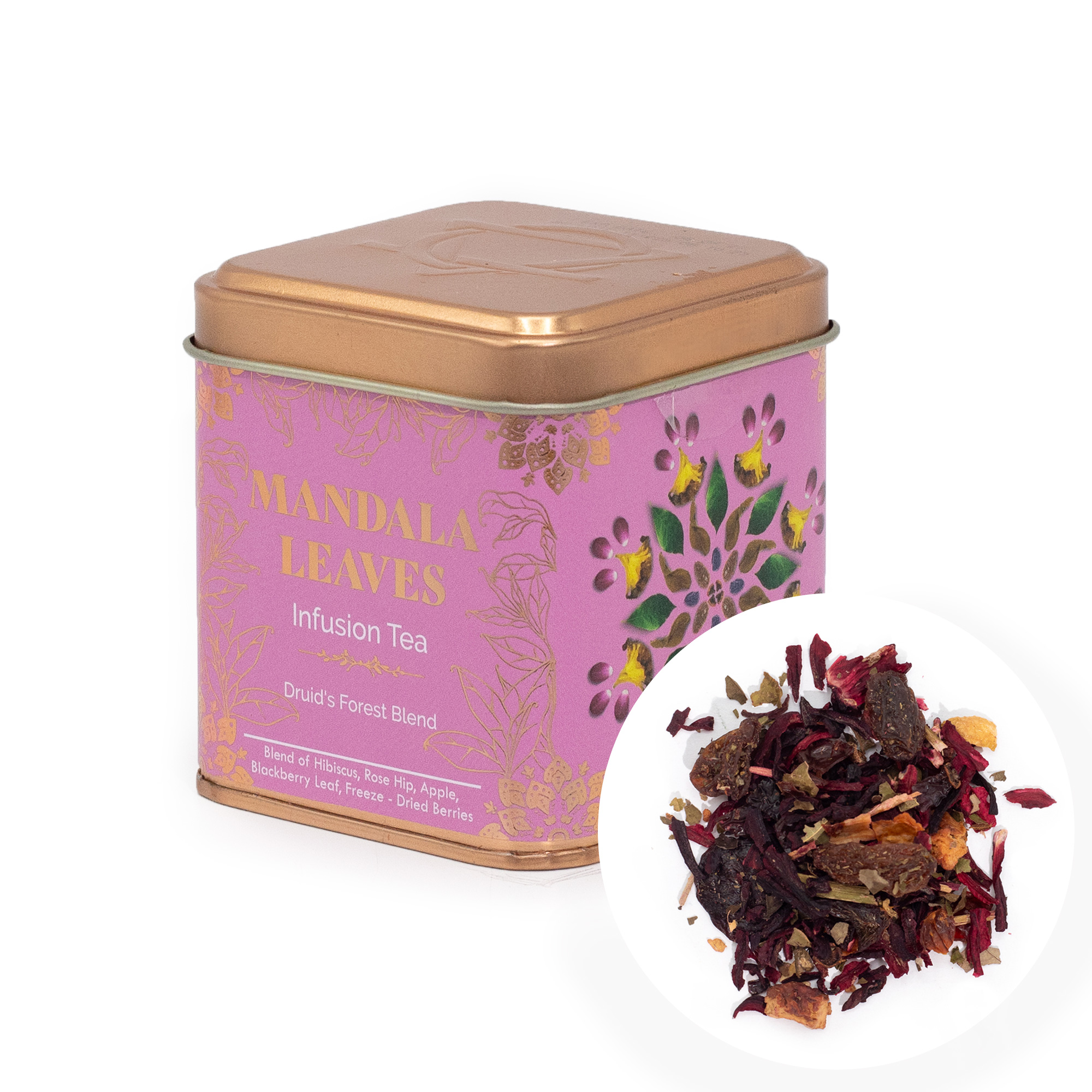 Mandala Leaves Druid's Forest Blend – Vibrant Berry & Hibiscus Fruit Tea (50g Tin)